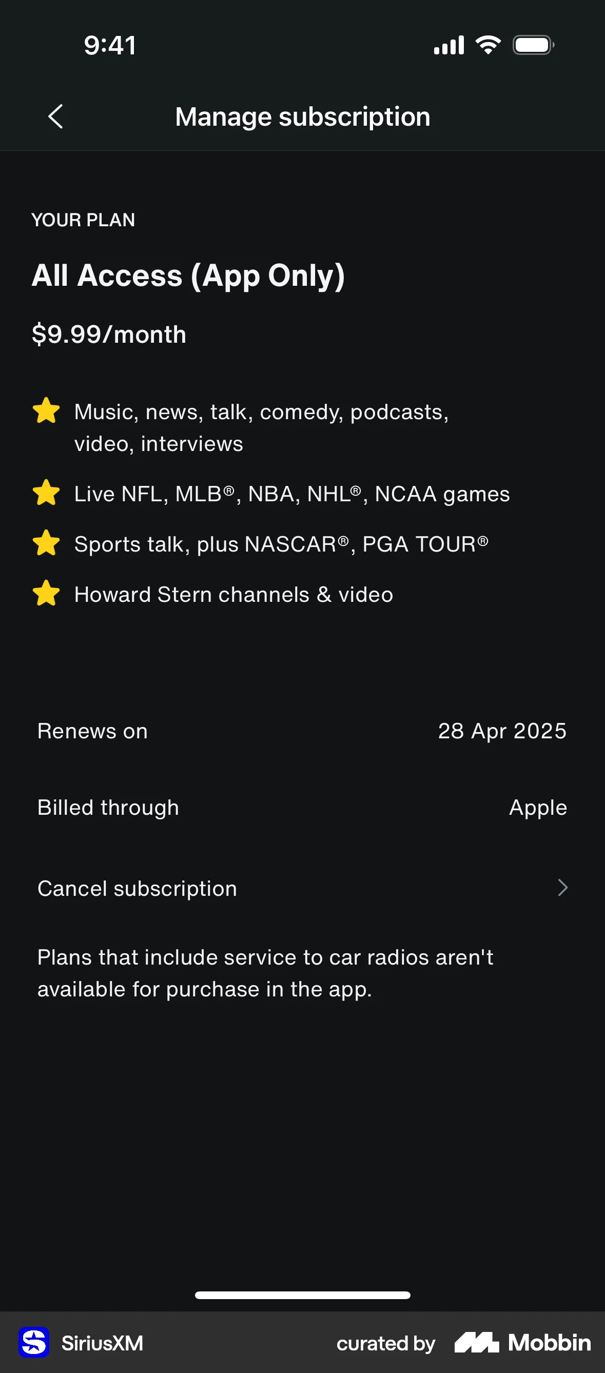 SiriusXM iOS Billing screen