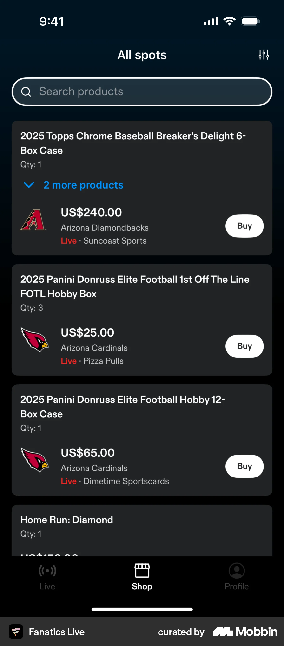 Fanatics Live iOS Shop & Storefront screen