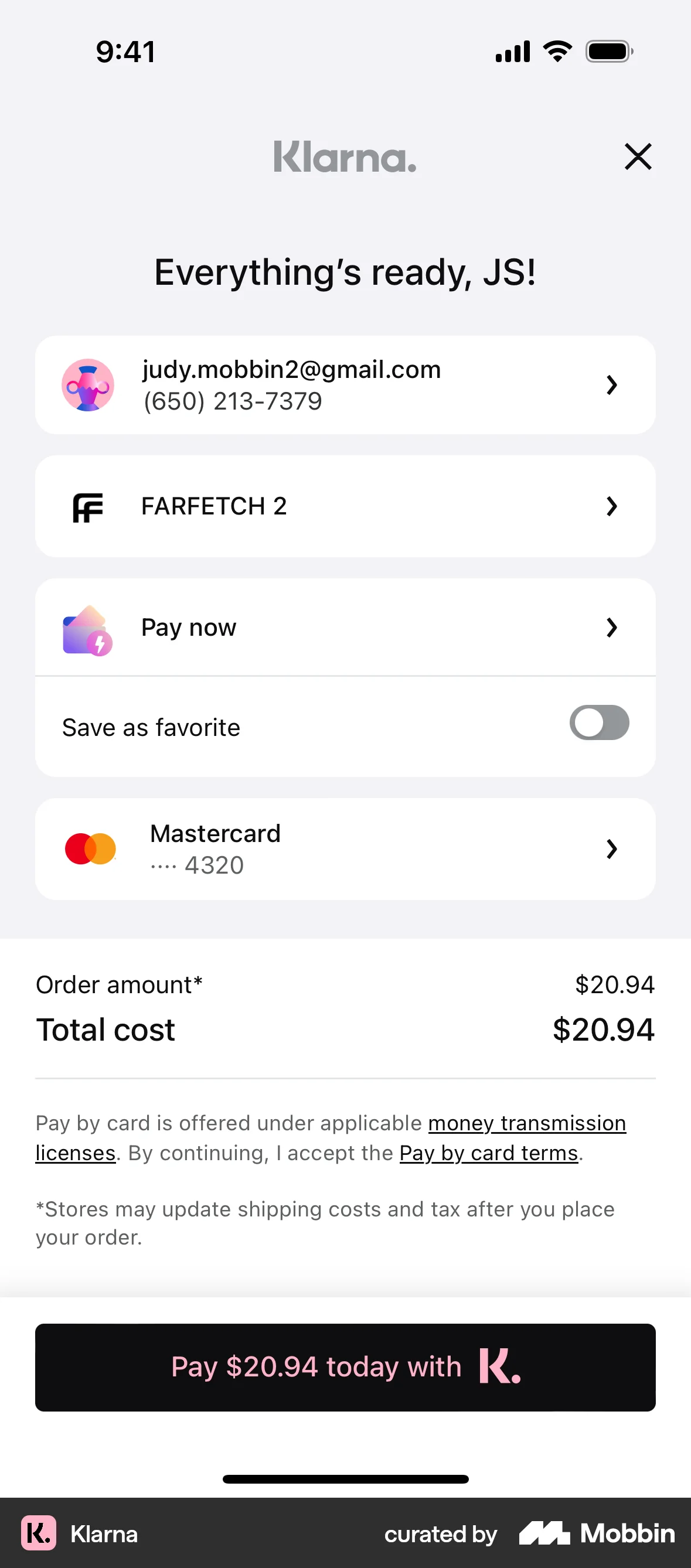Klarna iOS Checkout screen