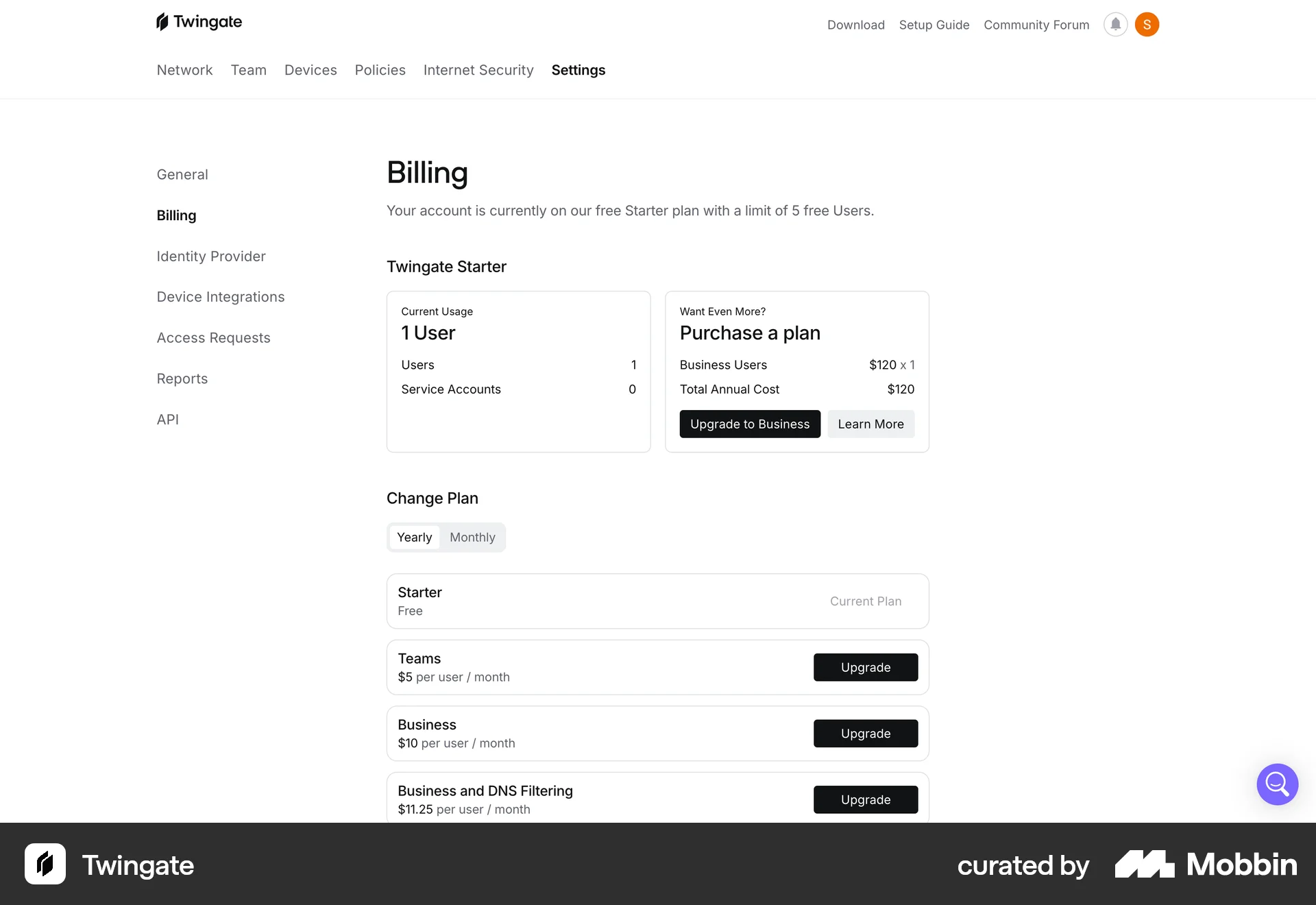 Twingate Web Billing screen