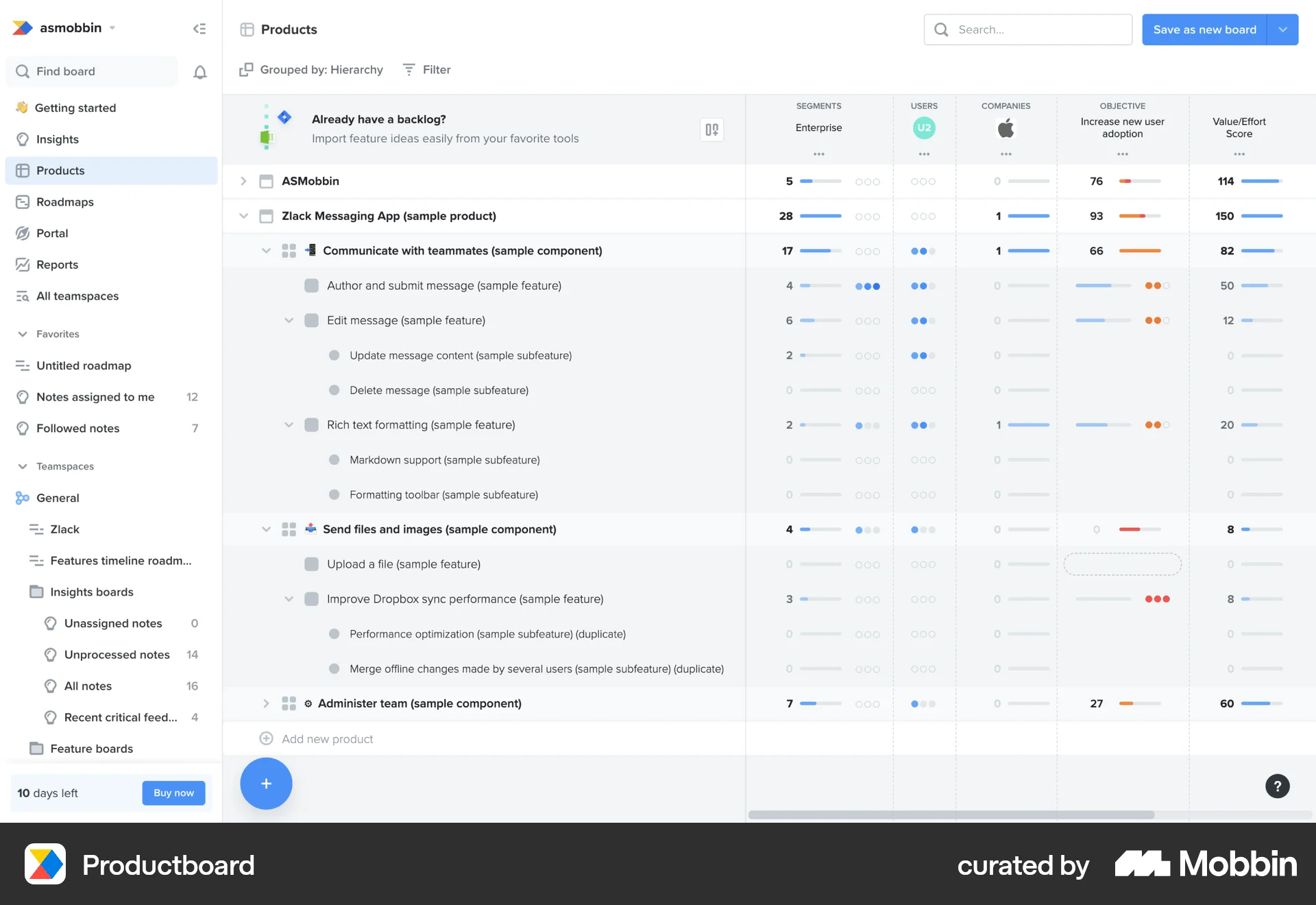 Productboard Web screen containing Table UI element