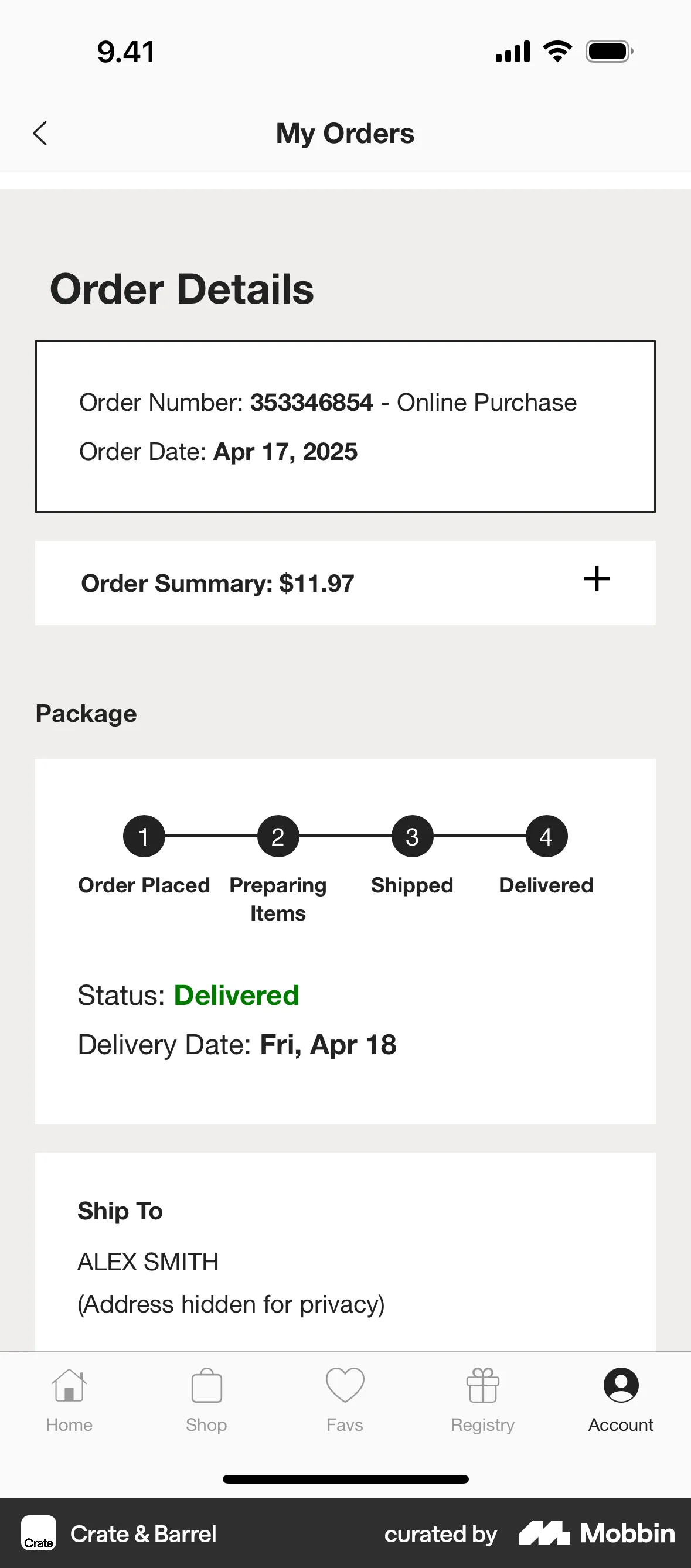 Crate & Barrel iOS Order Detail screen