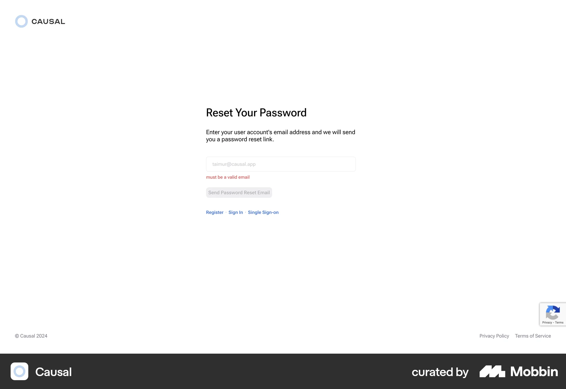 Causal Web Forgot Password screen