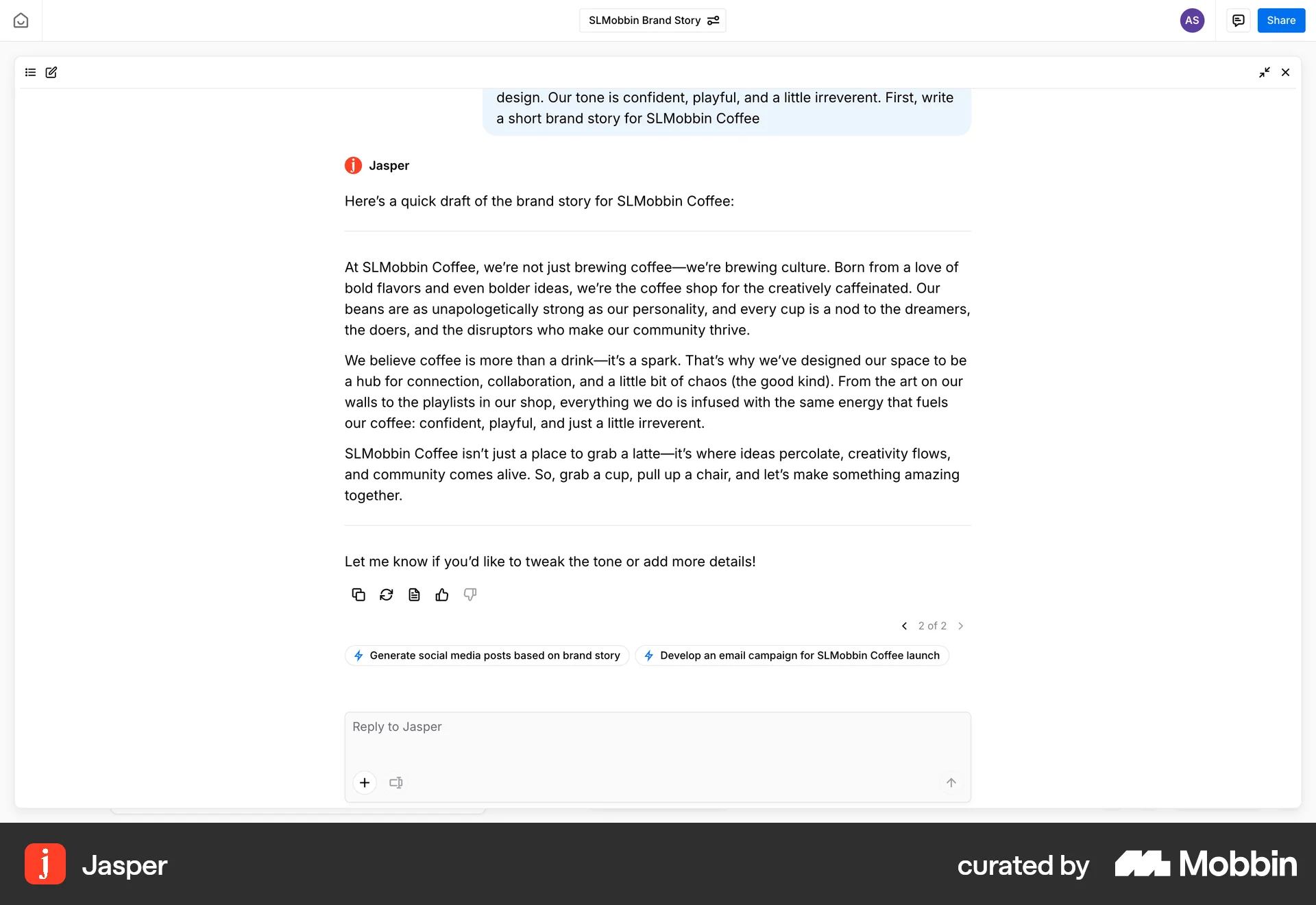 Jasper Web Feedback screen