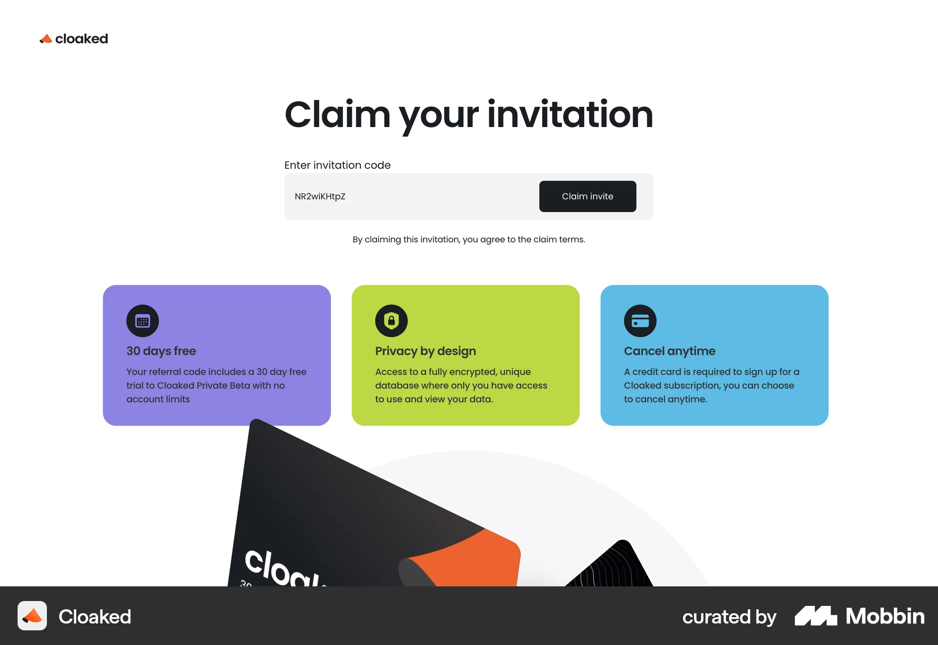 Cloaked Web Invite & Refer Friends screen