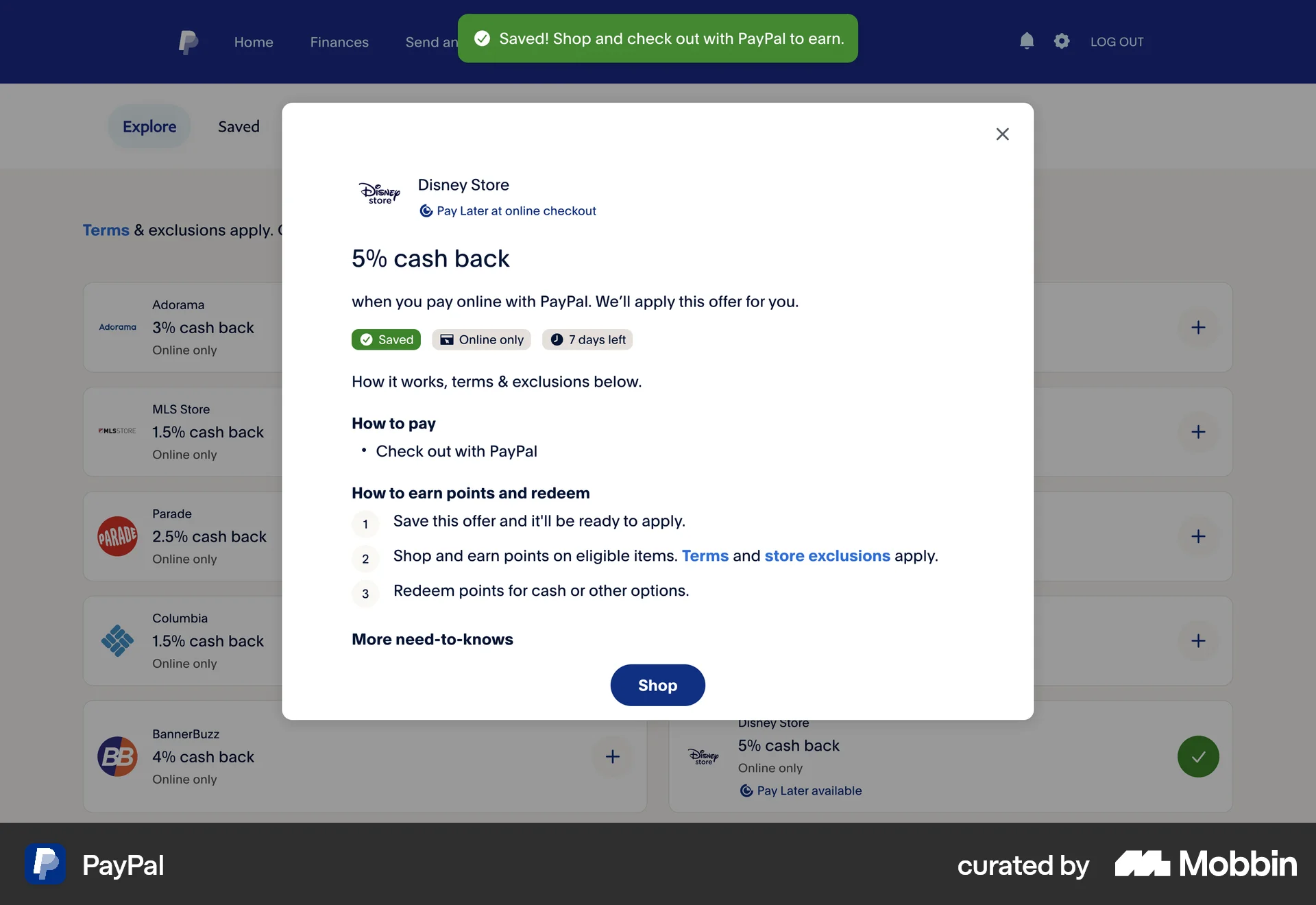 PayPal Web Save screen