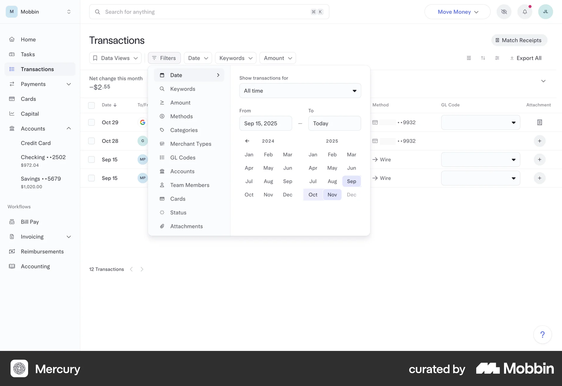 Mercury Web Calendar screen