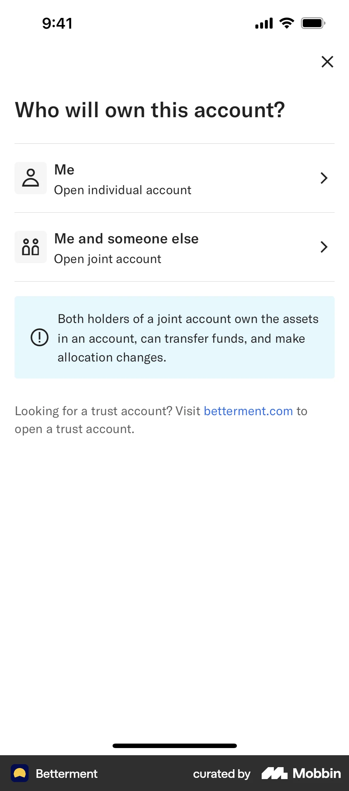Betterment iOS screen containing Banner UI element