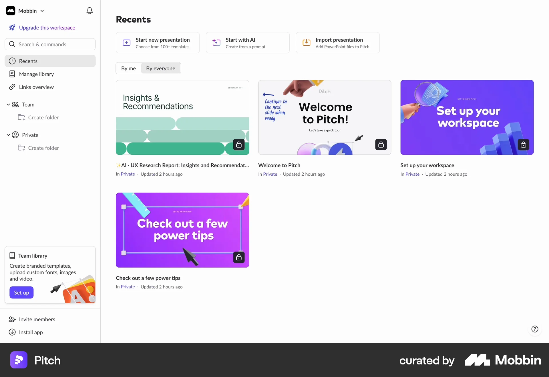 Pitch Web Home screen