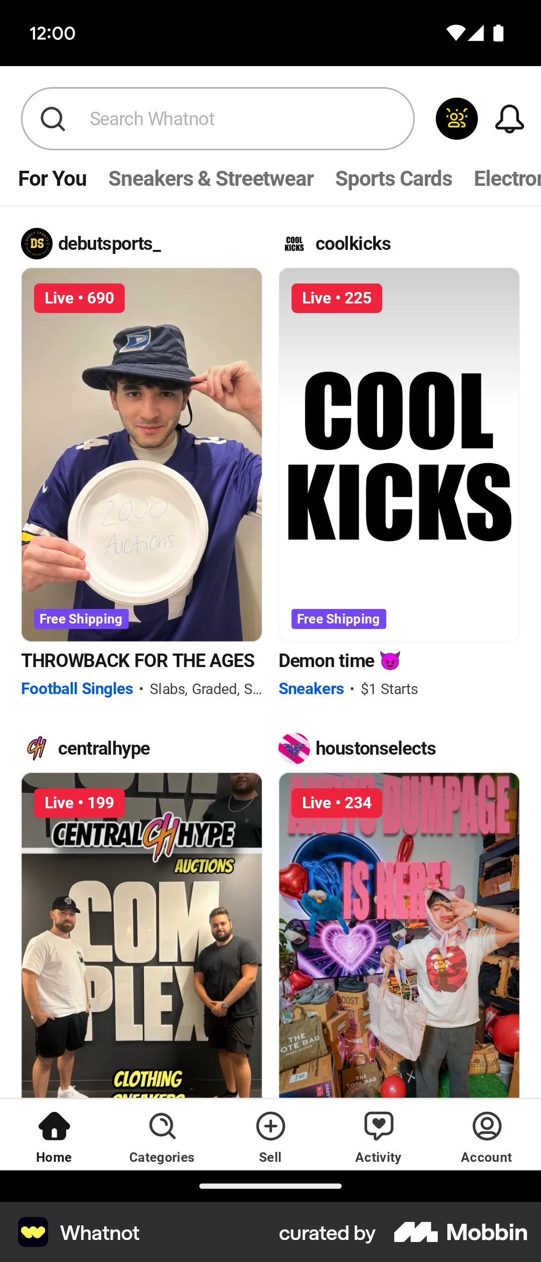 Whatnot Android Social Feed screen