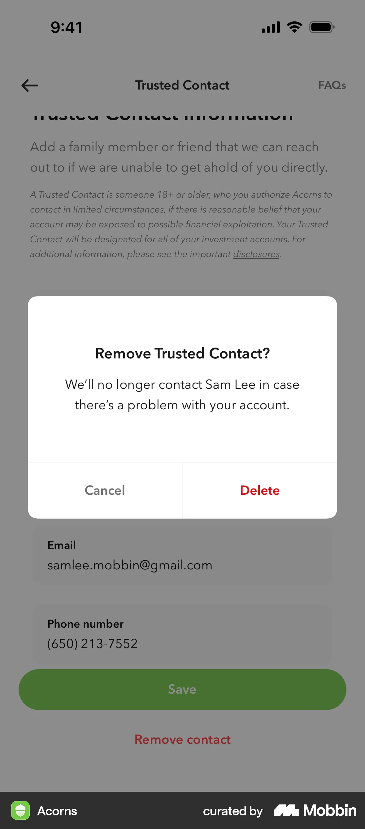 Acorns iOS Confirmation screen