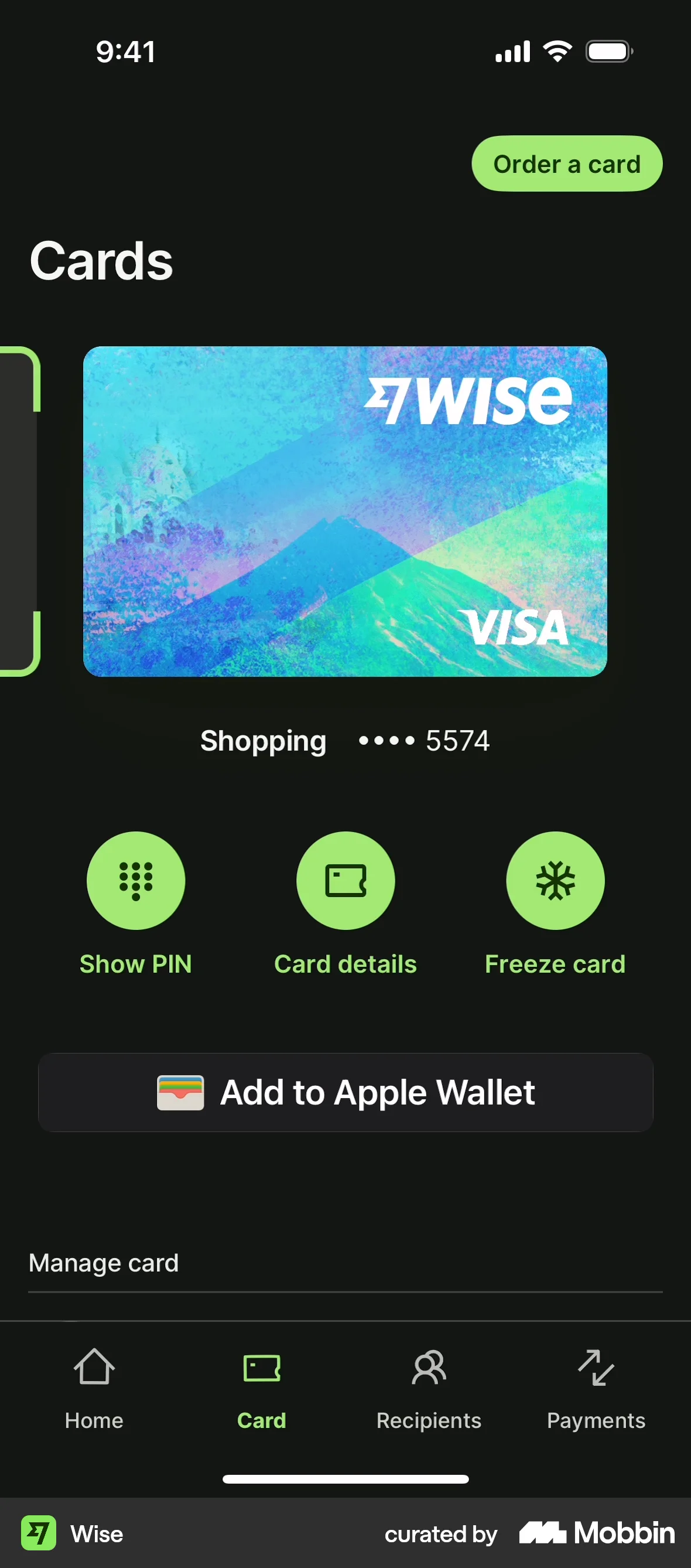 Wise iOS Dark Mode screen