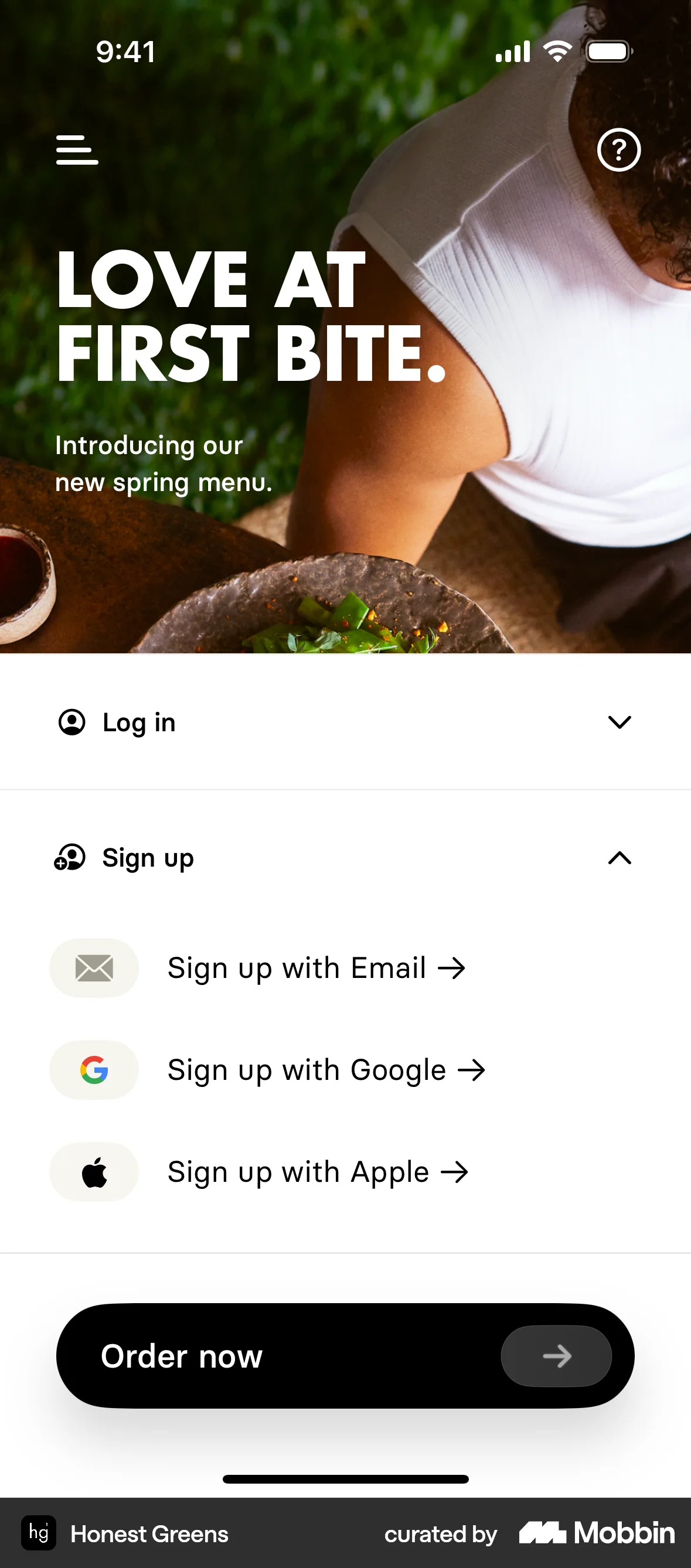 Honest Greens iOS Welcome & Get Started screen