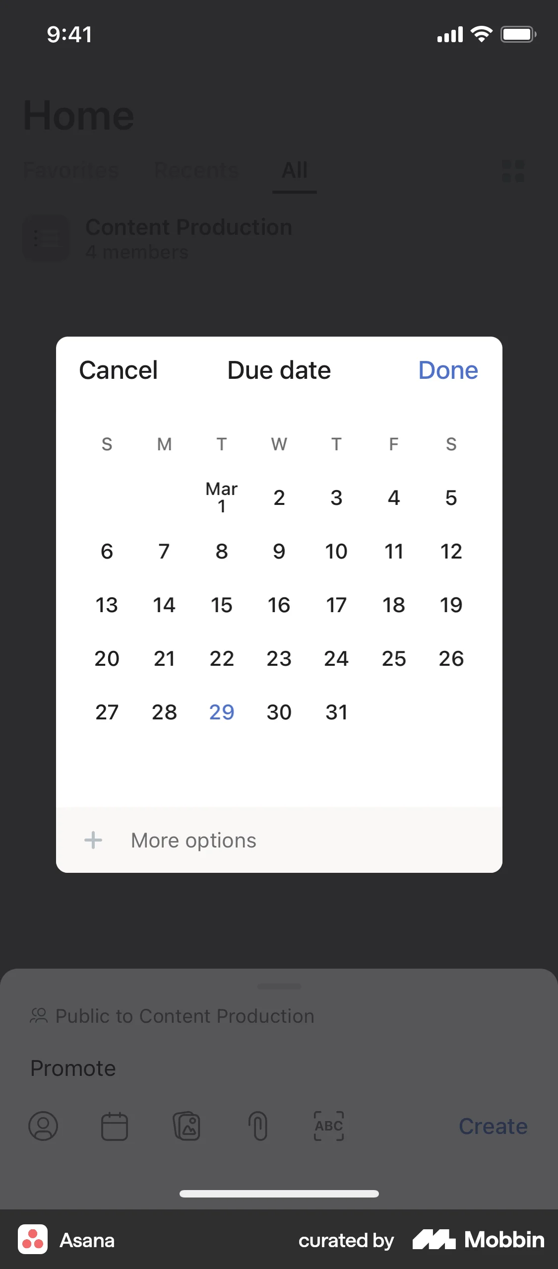Asana iOS screen containing Date Picker UI element