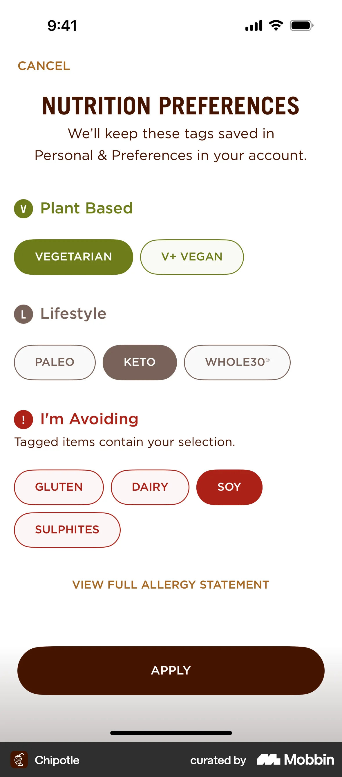 Chipotle iOS Account Setup screen