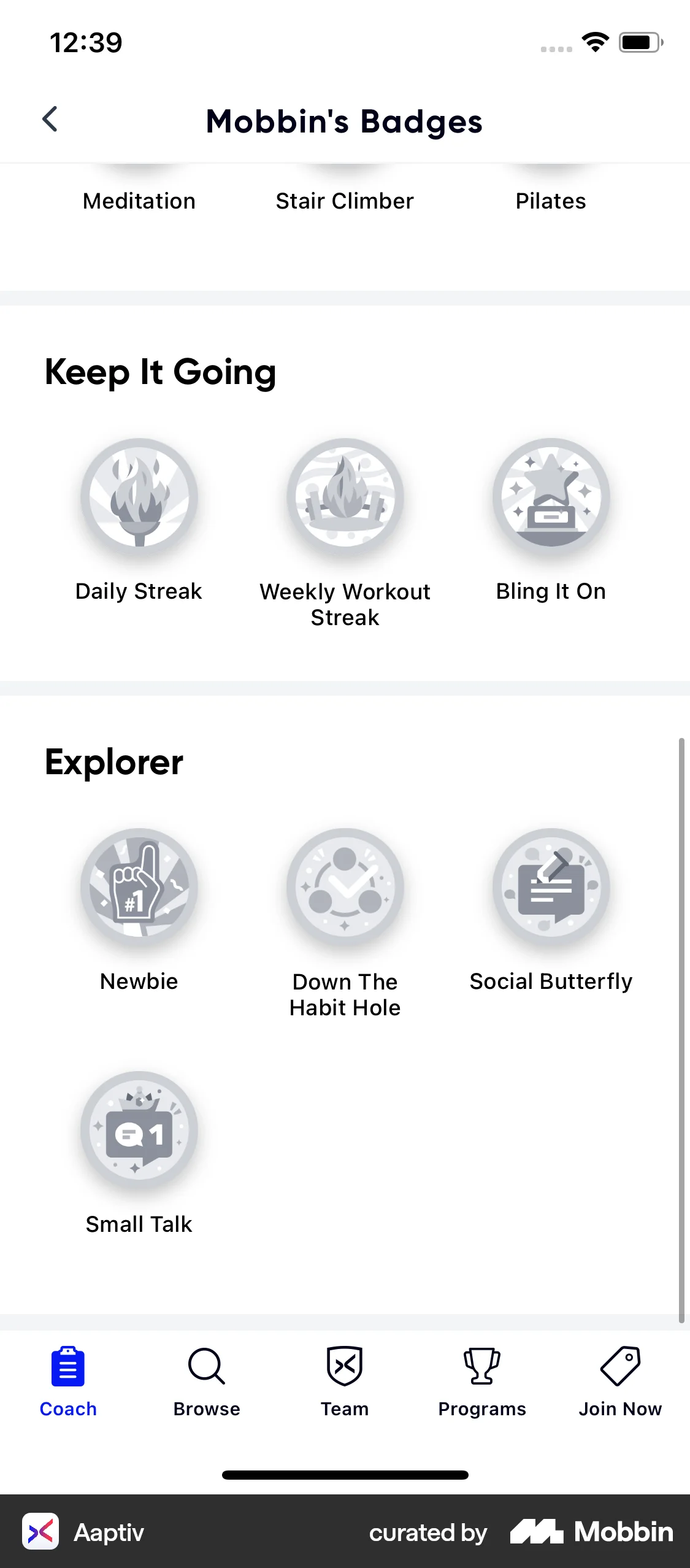 Aaptiv iOS Achievements & Awards screen