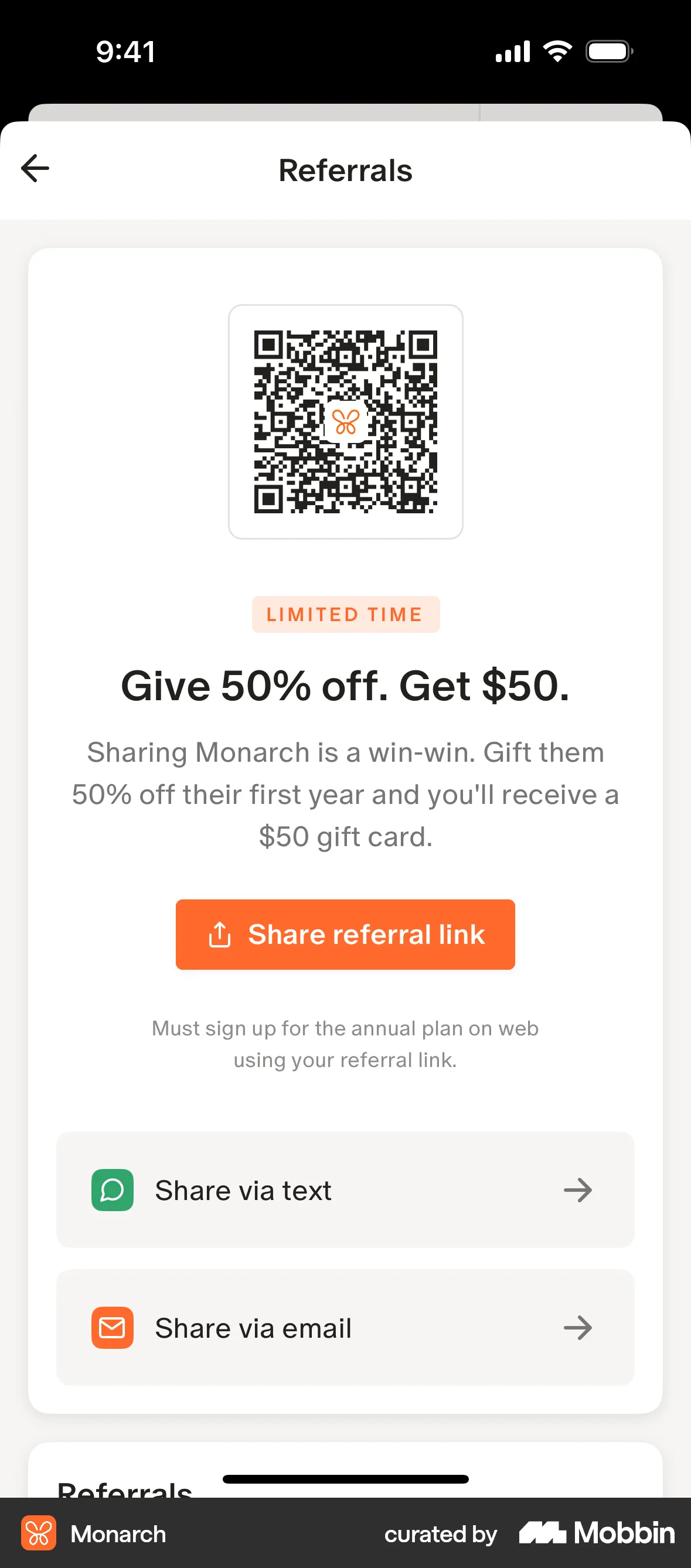 Monarch iOS Invite & Refer Friends screen