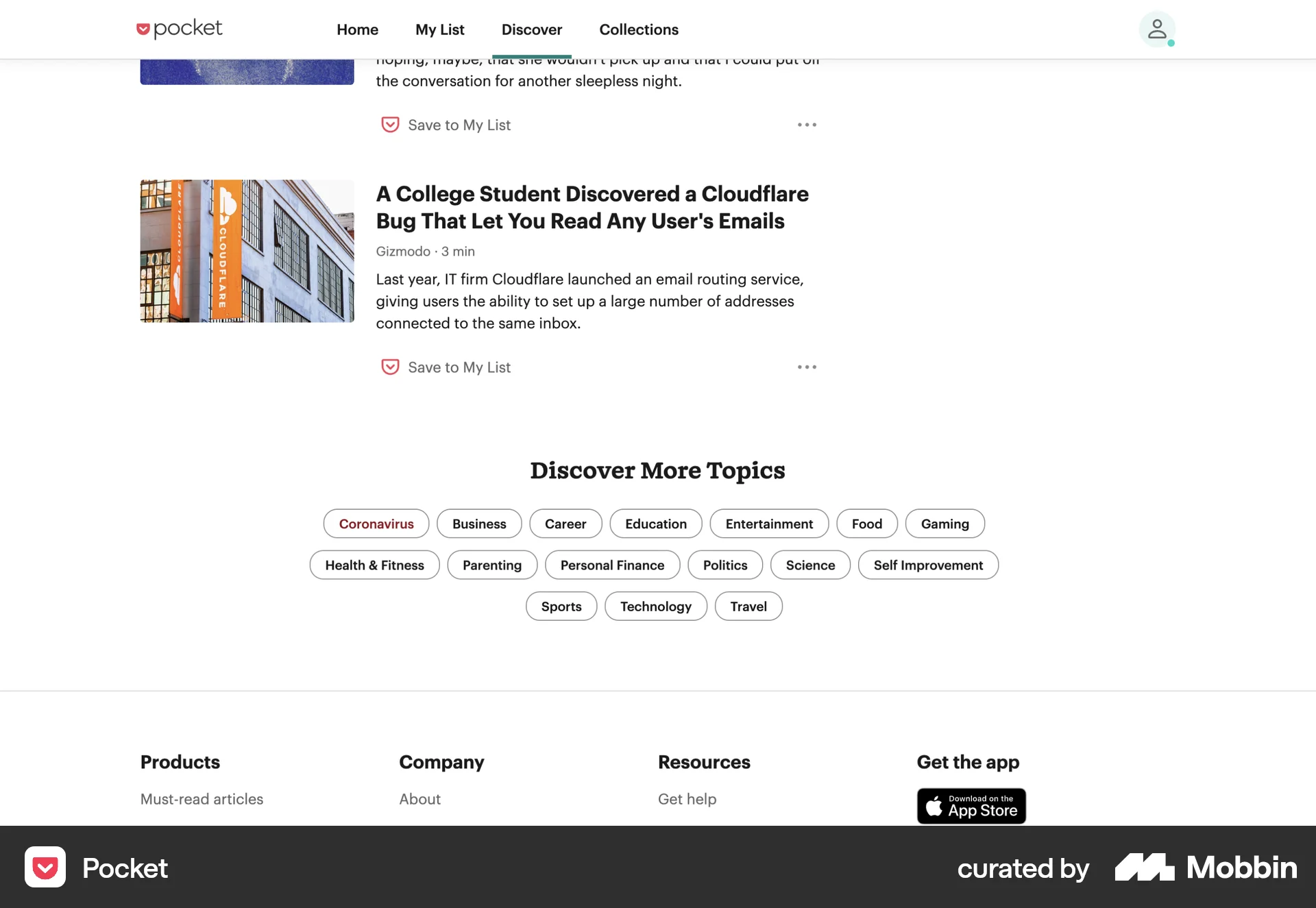Pocket Web News Feed screen