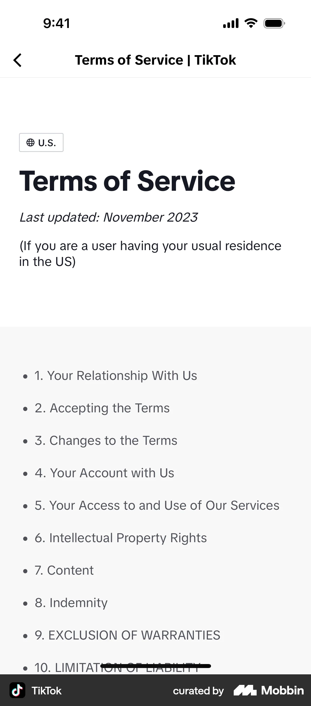 TikTok iOS Terms & Conditions screen