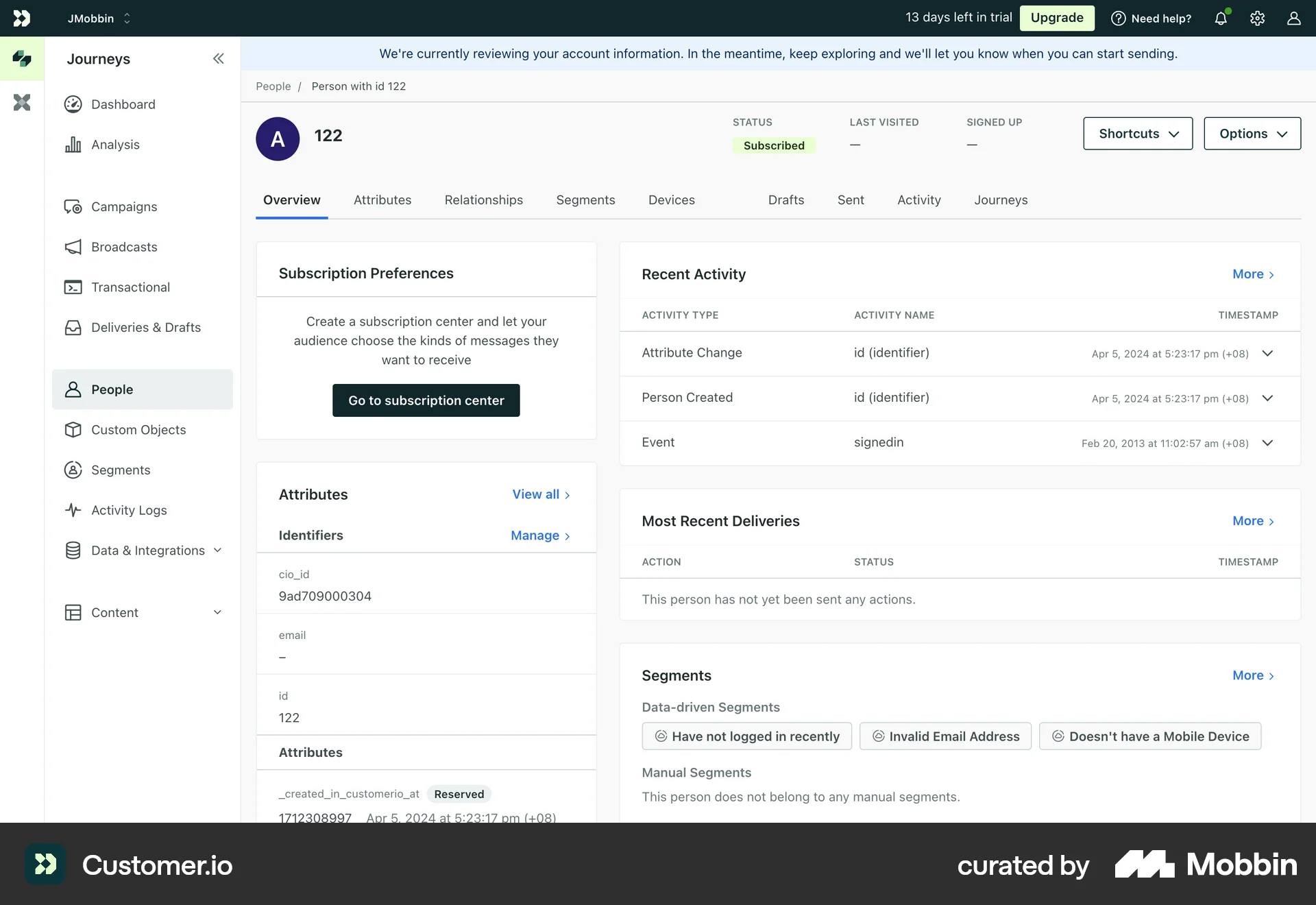 Customer.io Web User / Group Profile screen
