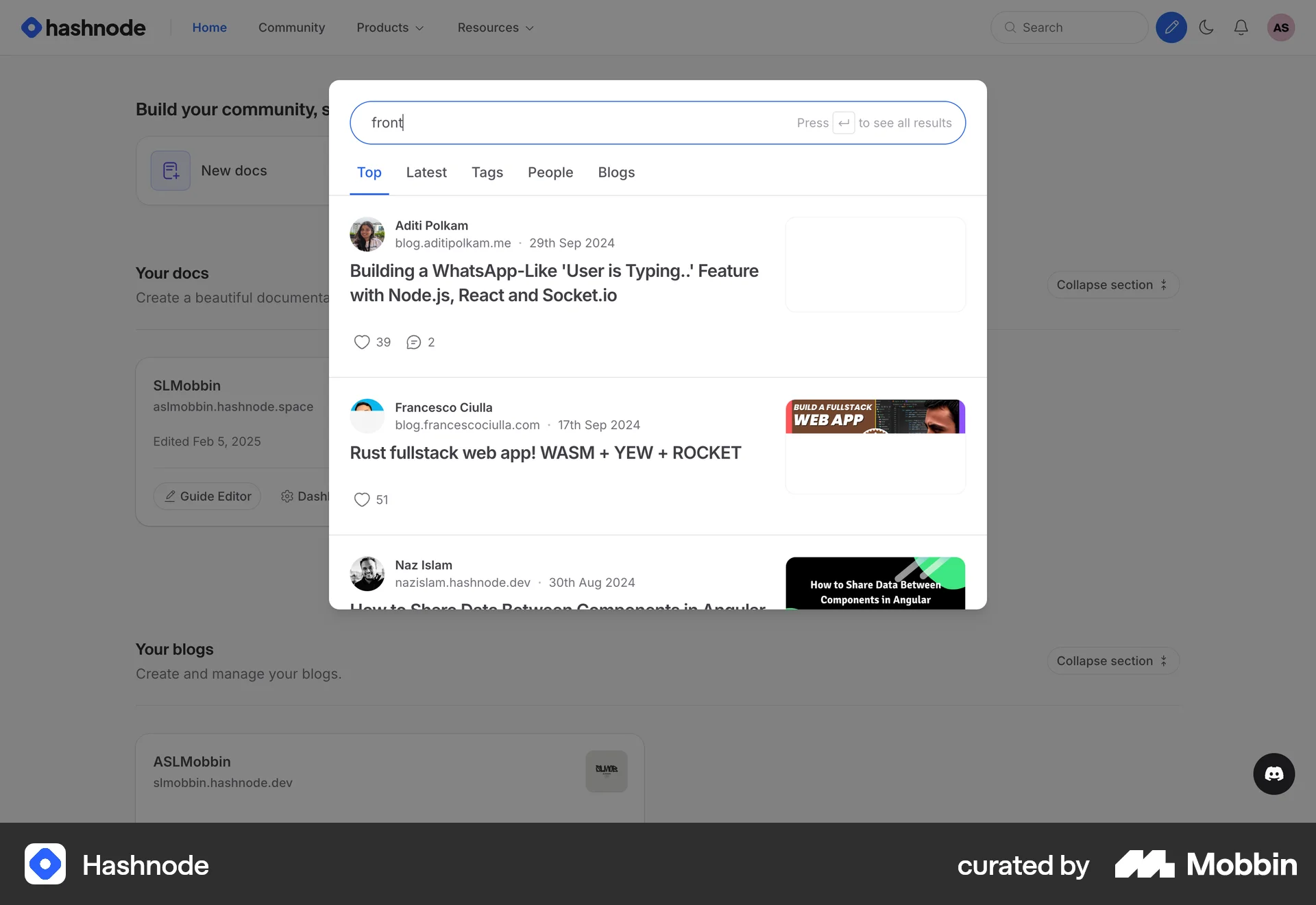 Hashnode Web screen containing Search Bar UI element