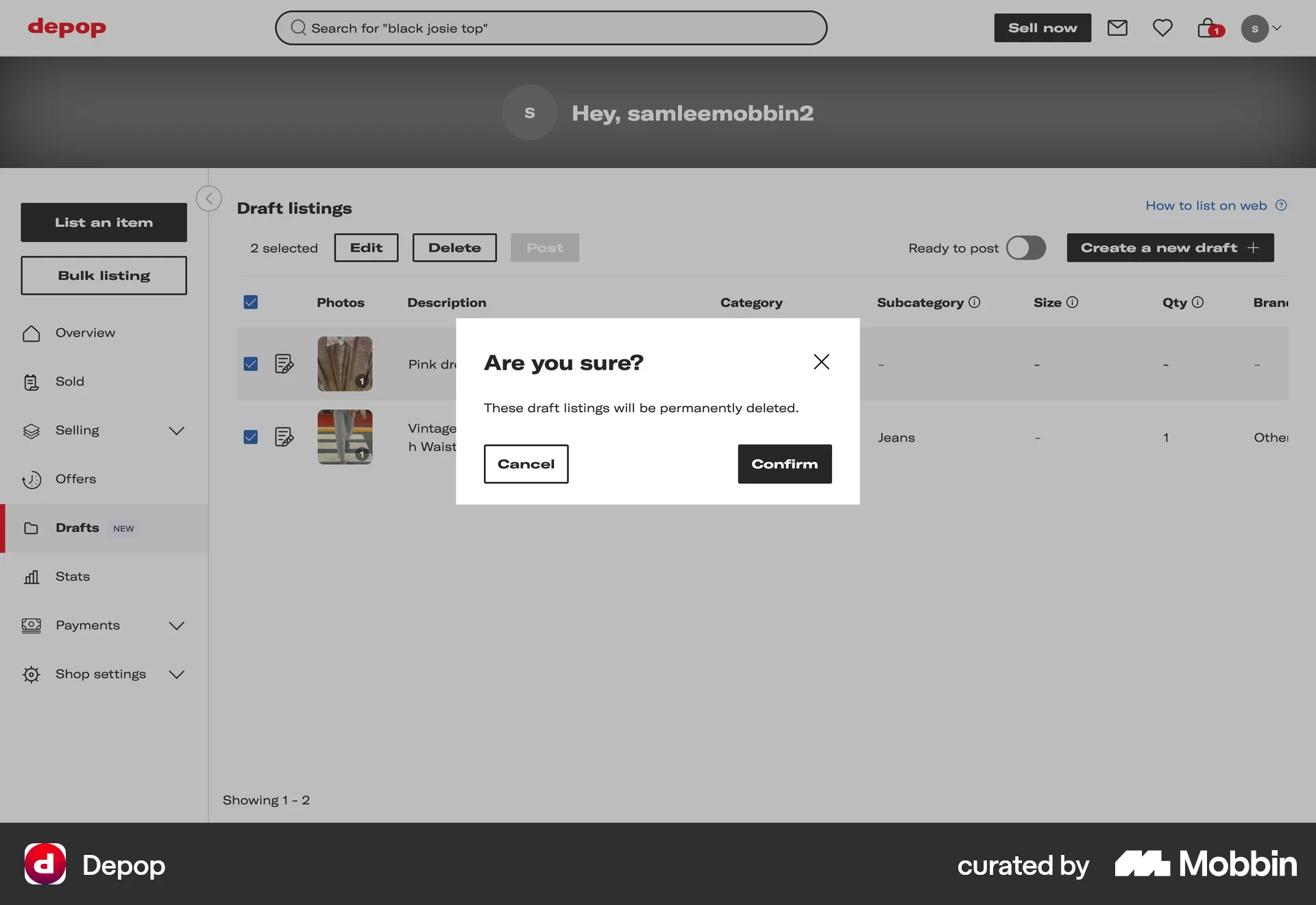Depop Web Confirmation screen