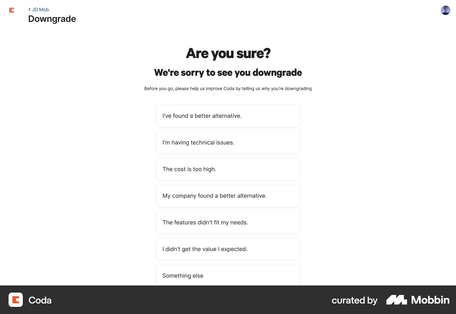 Coda Web Feedback screen