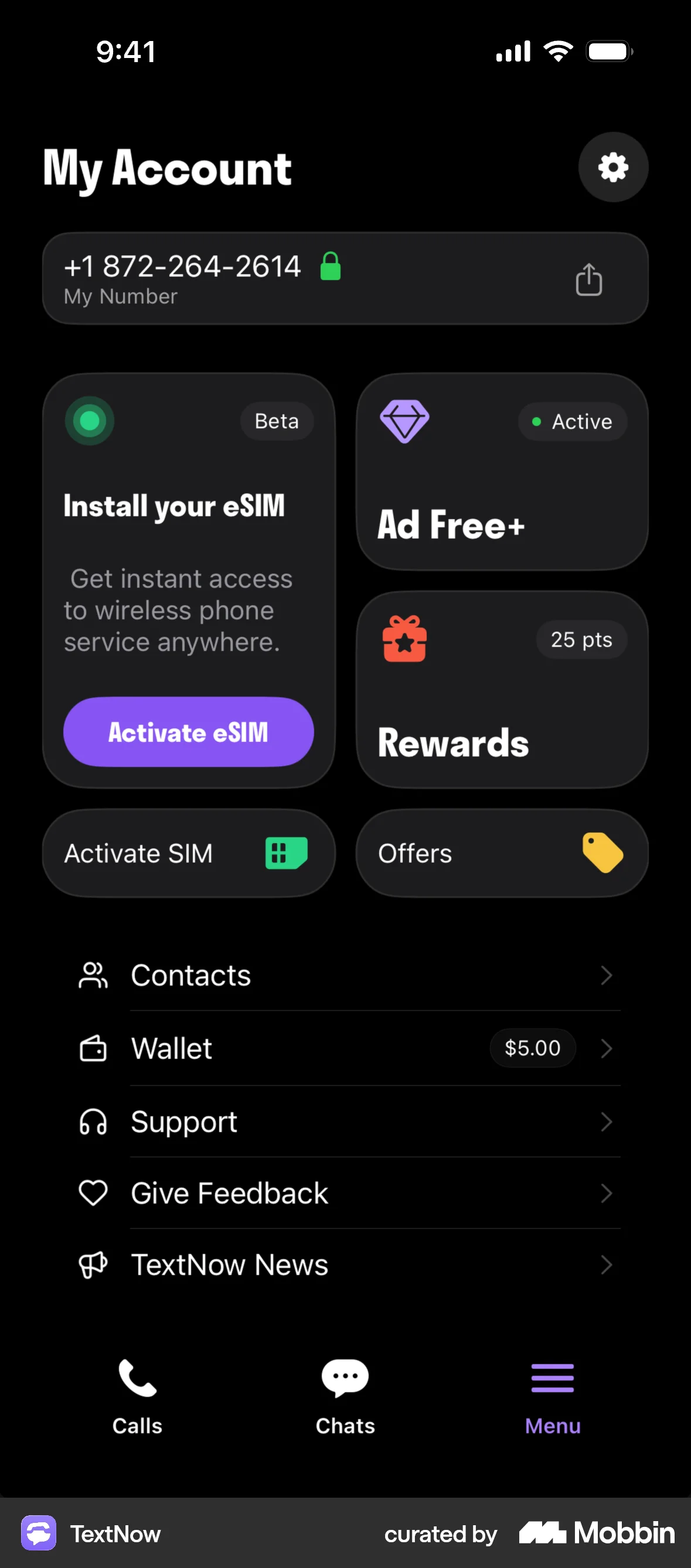 TextNow iOS Dark Mode screen