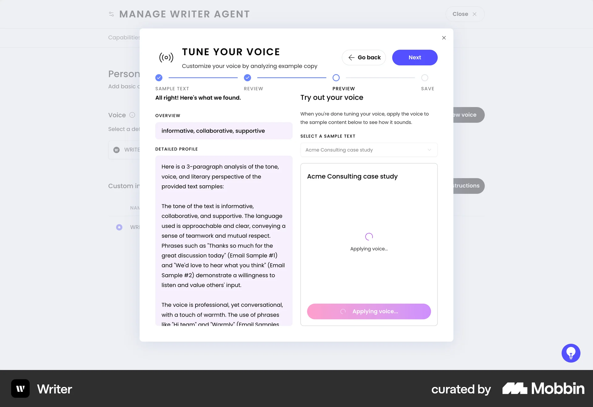 WRITER Web Wizard UI screen