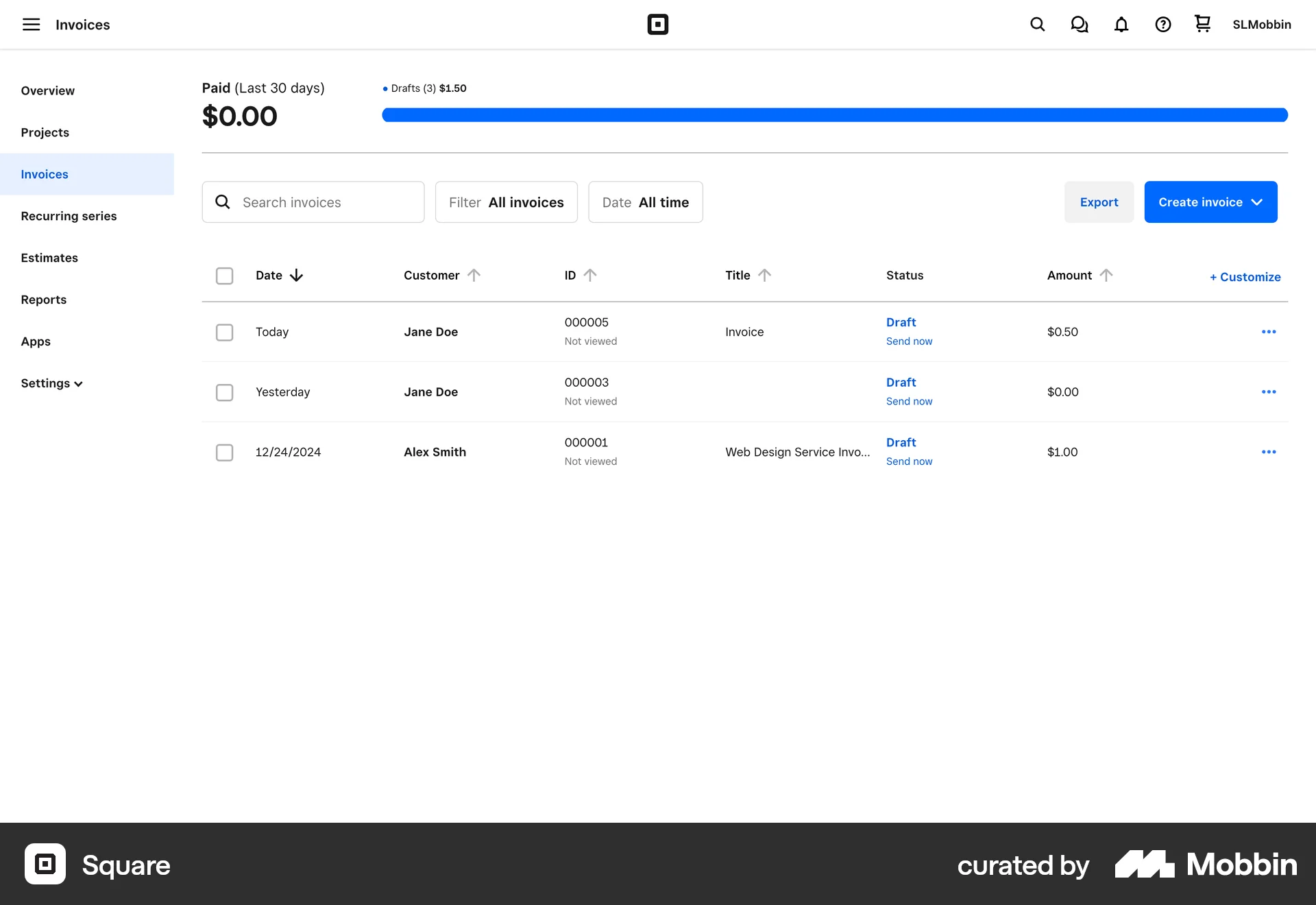Square Web Wallet & Balance screen