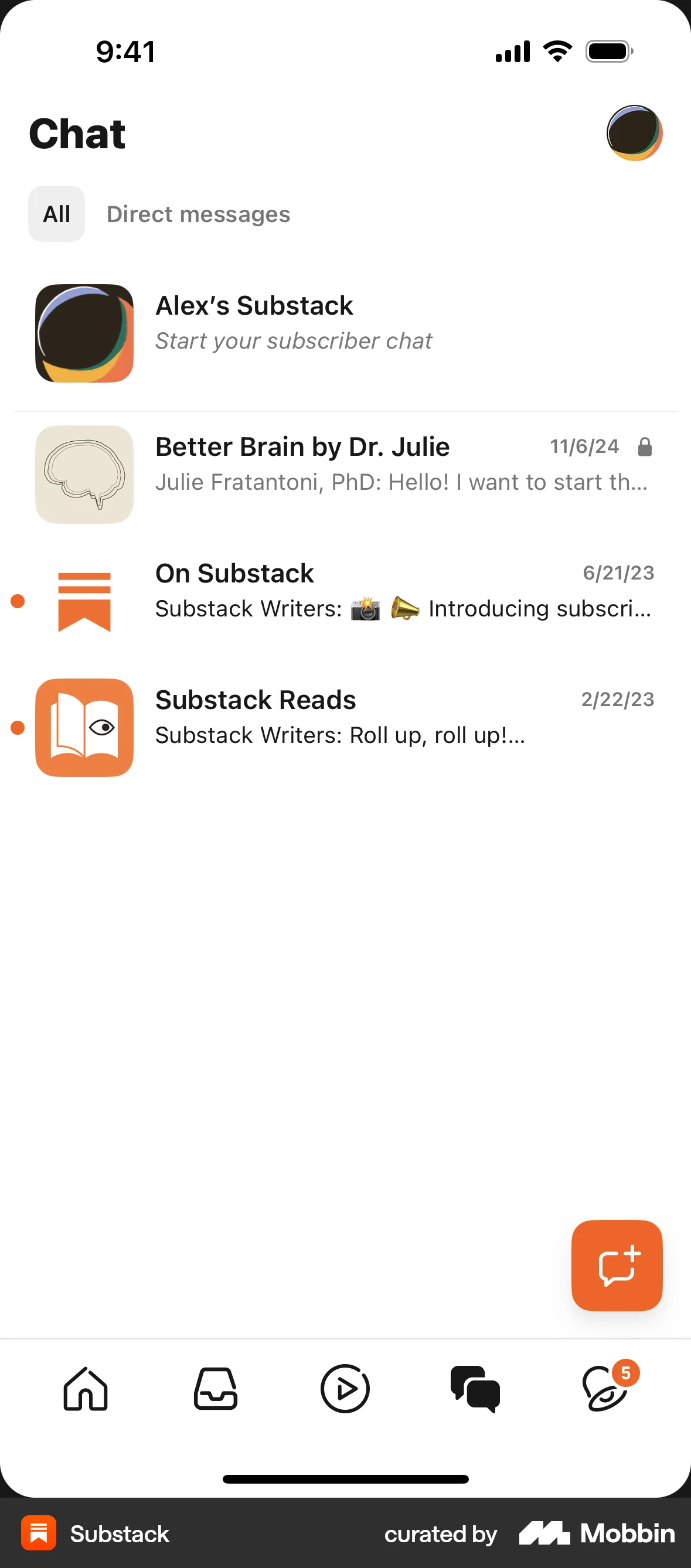 Substack iOS Emails & Messages screen