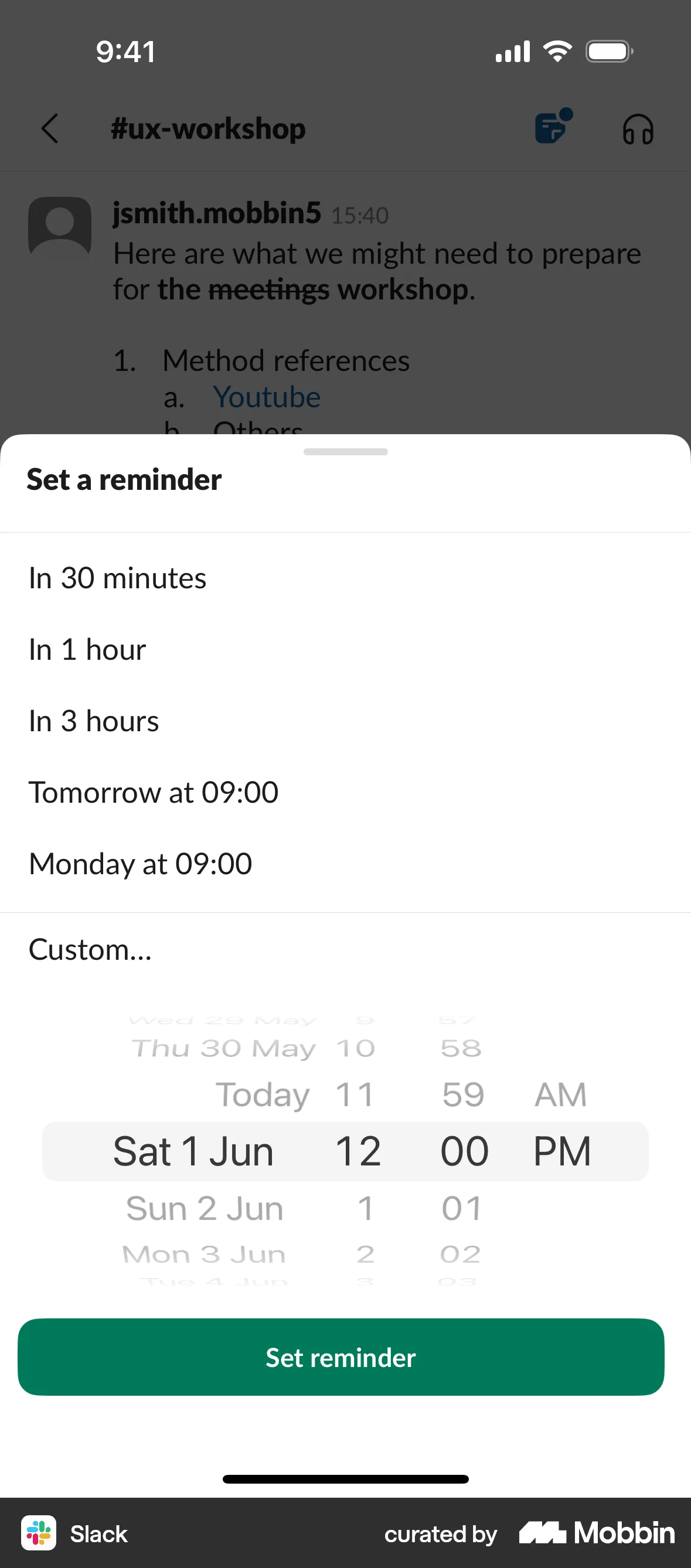 Slack iOS Reminder screen