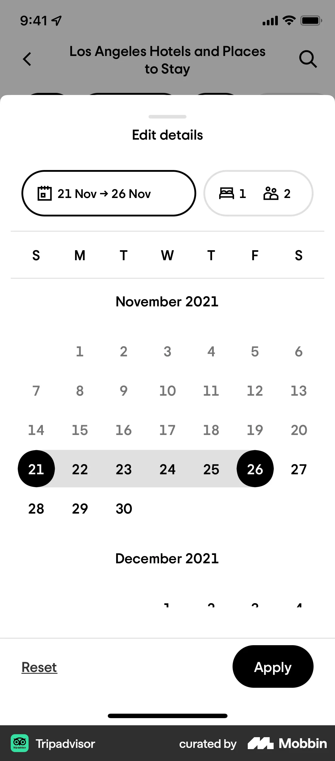 Tripadvisor iOS Calendar screen