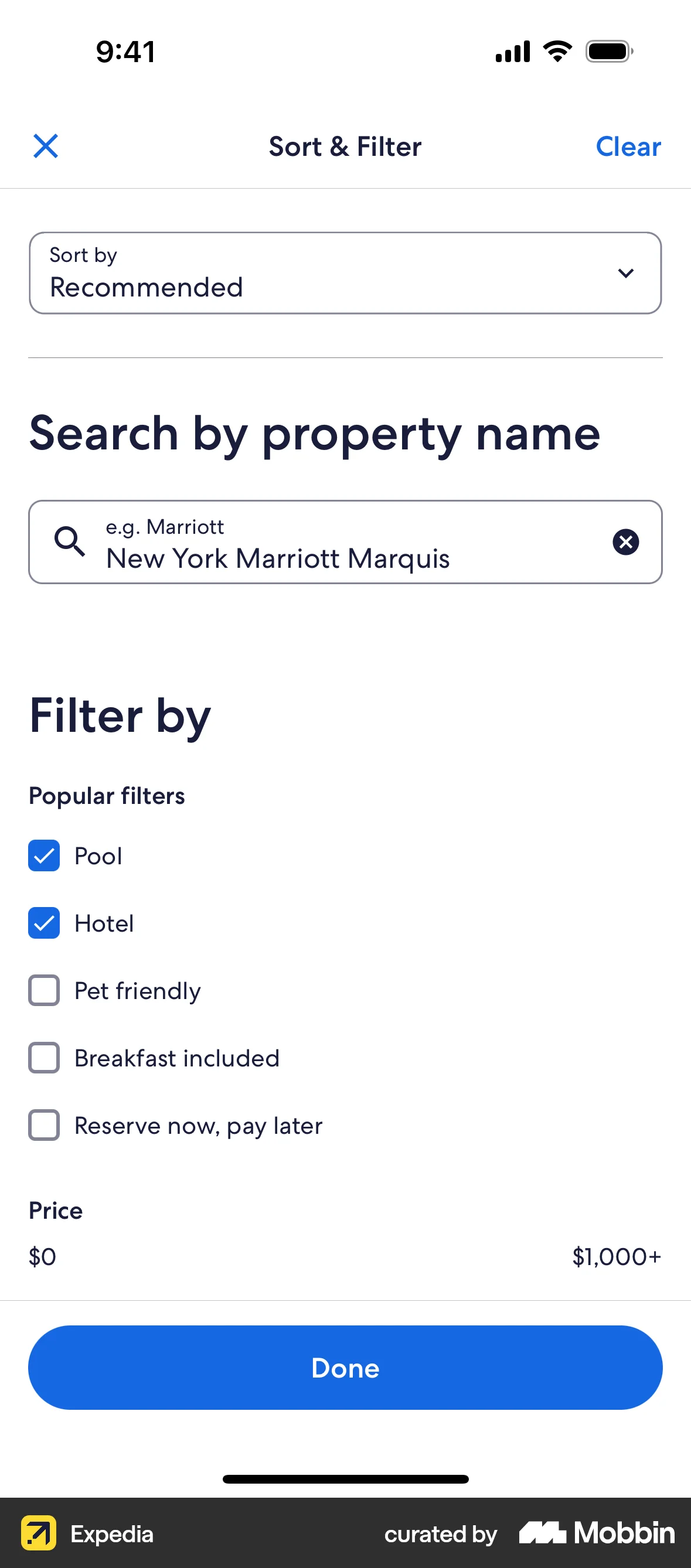 Expedia iOS screen containing Checkbox UI element