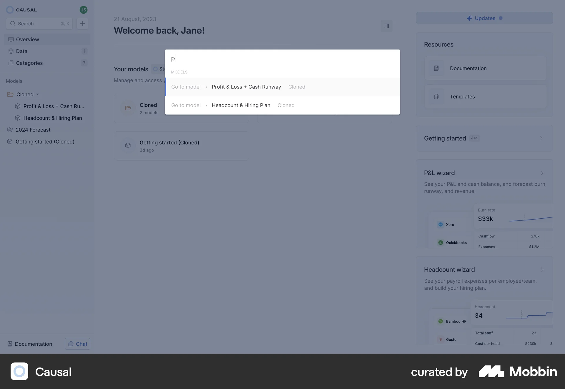 Causal Web Command Palette screen