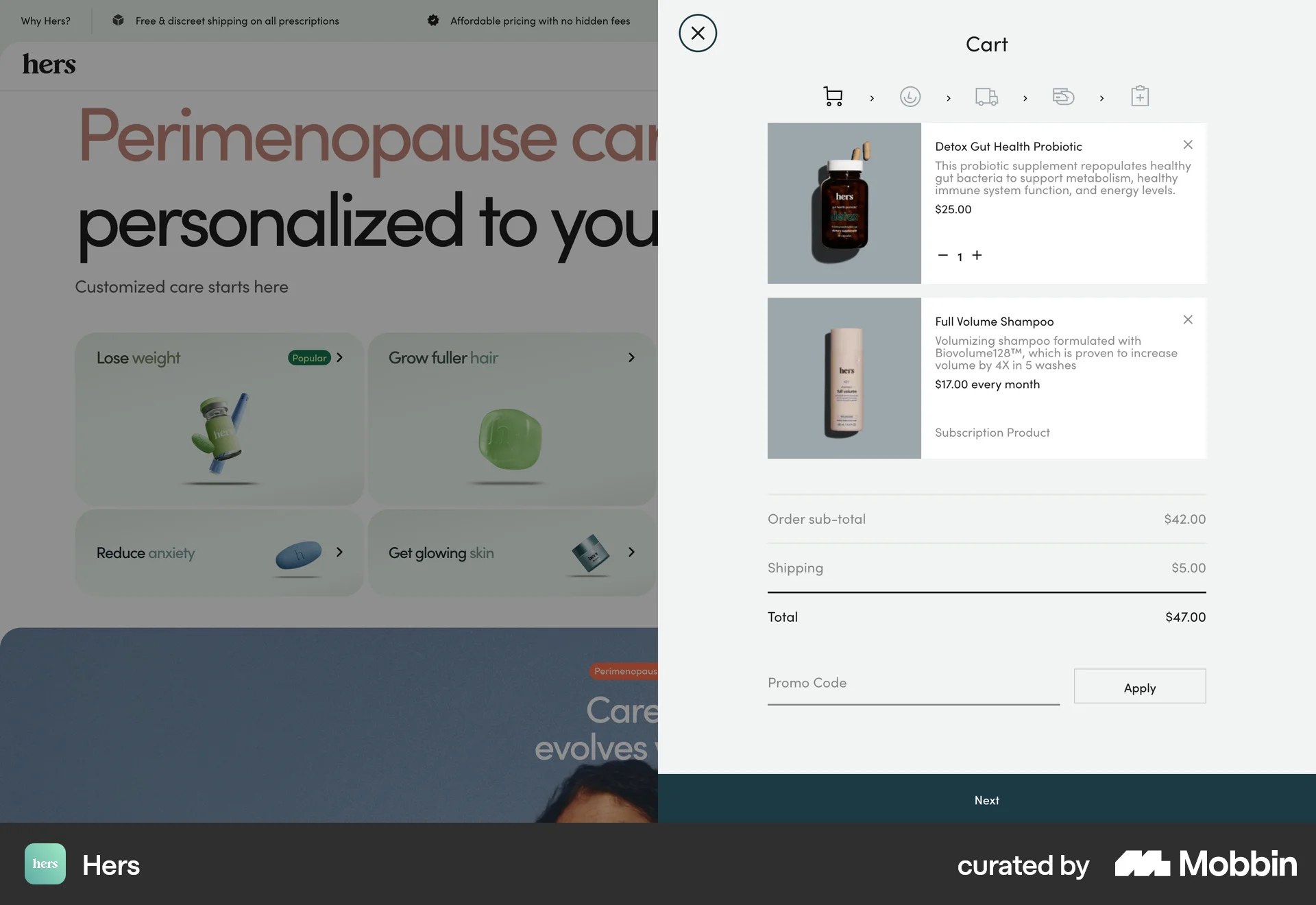 Hers Web Web Shopping Cart screen