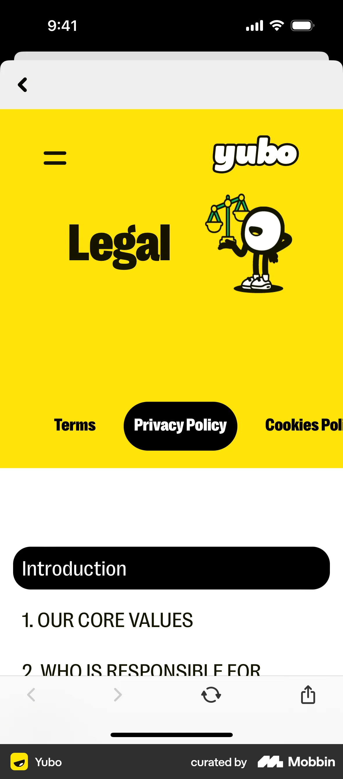 Yubo iOS Privacy Policy screen