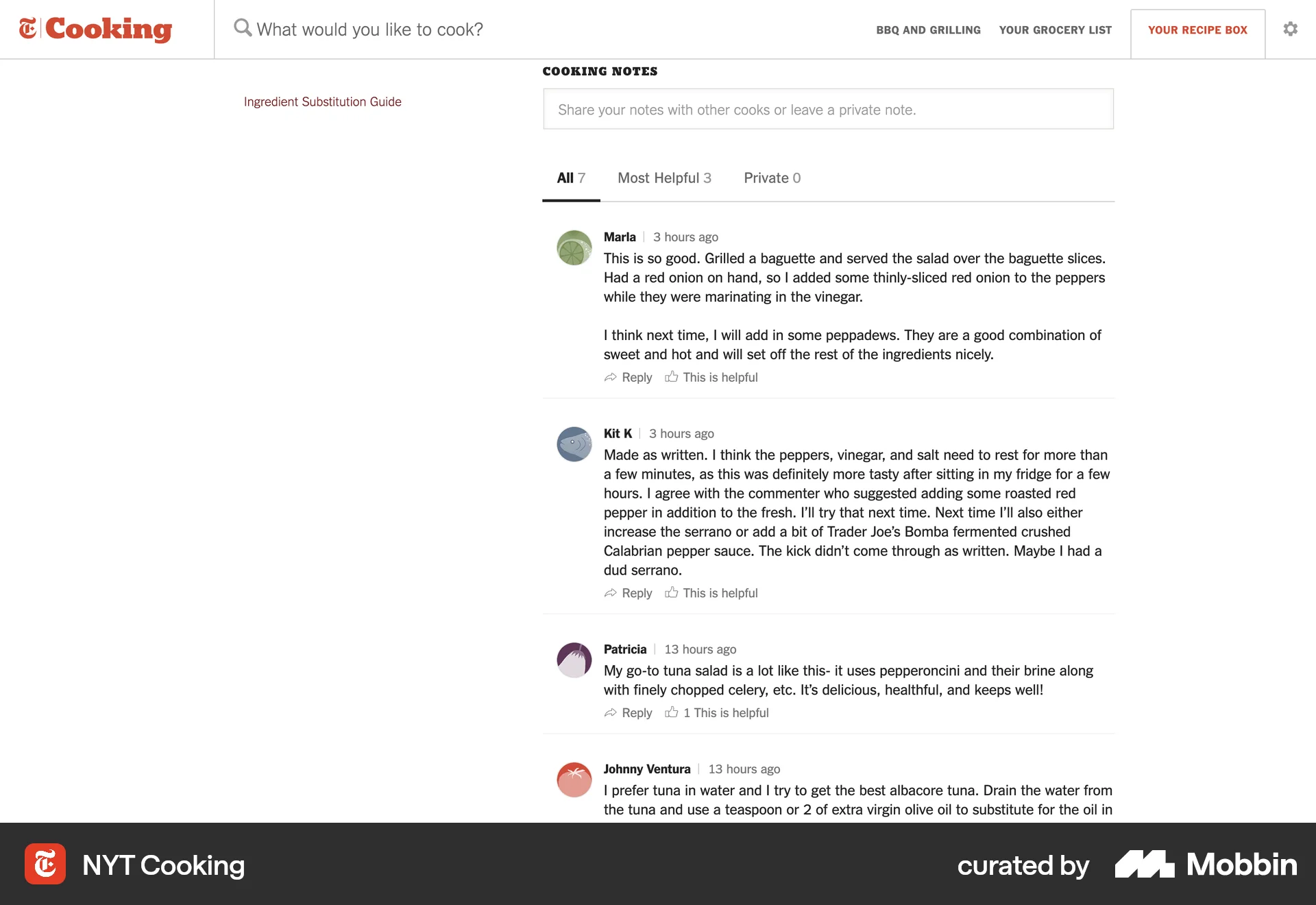 NYT Cooking Web Comments screen