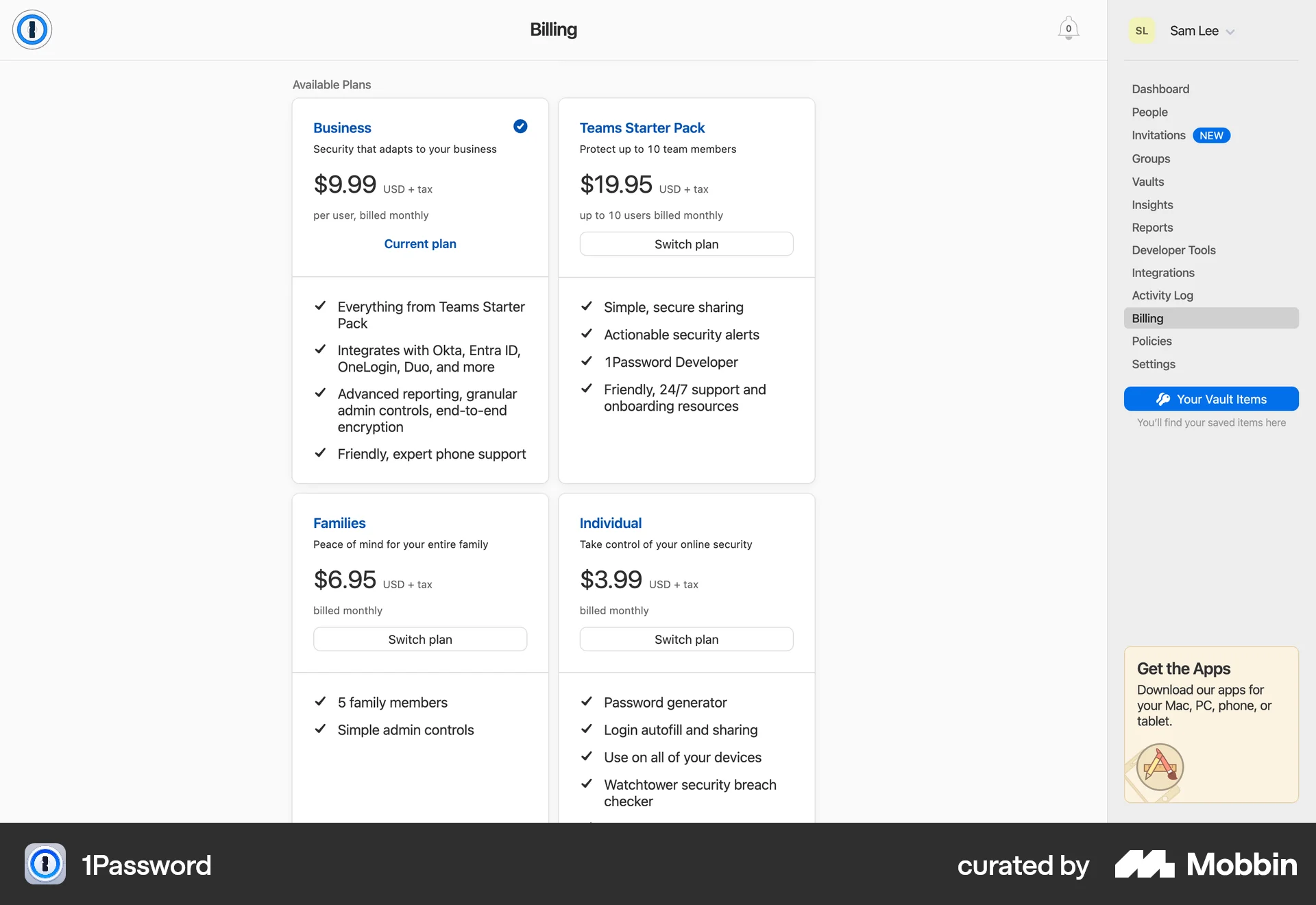 1Password Web Billing screen