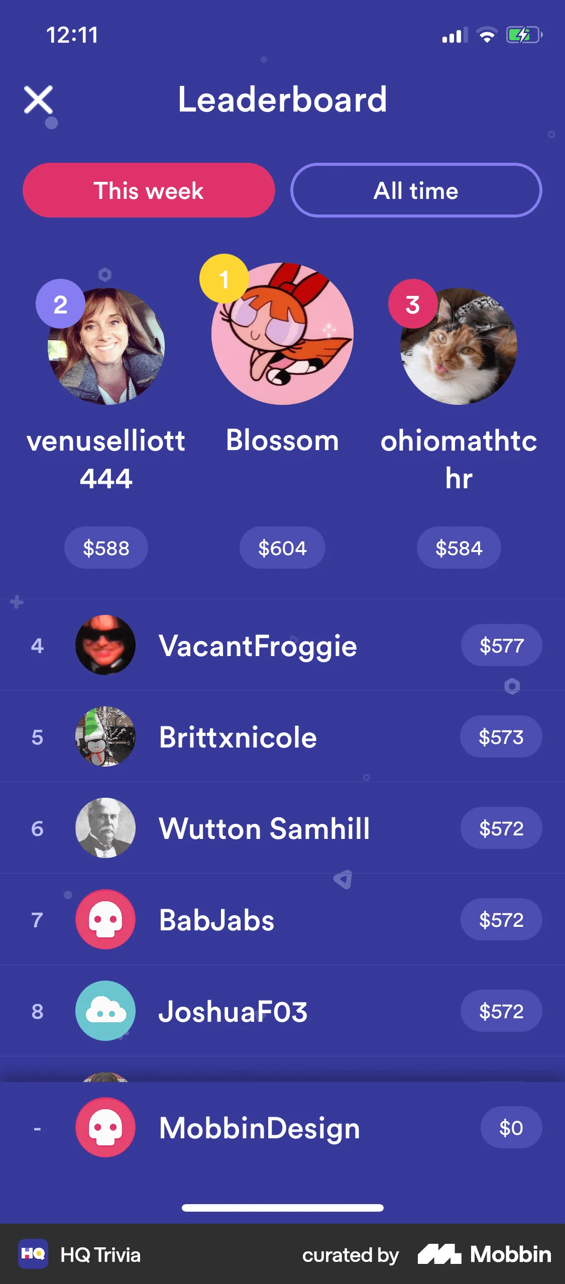 HQ Trivia iOS Leaderboard screen