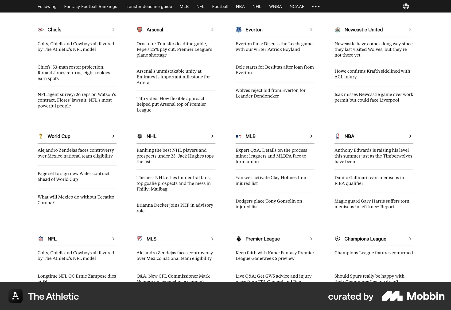 The Athletic Web News Feed screen