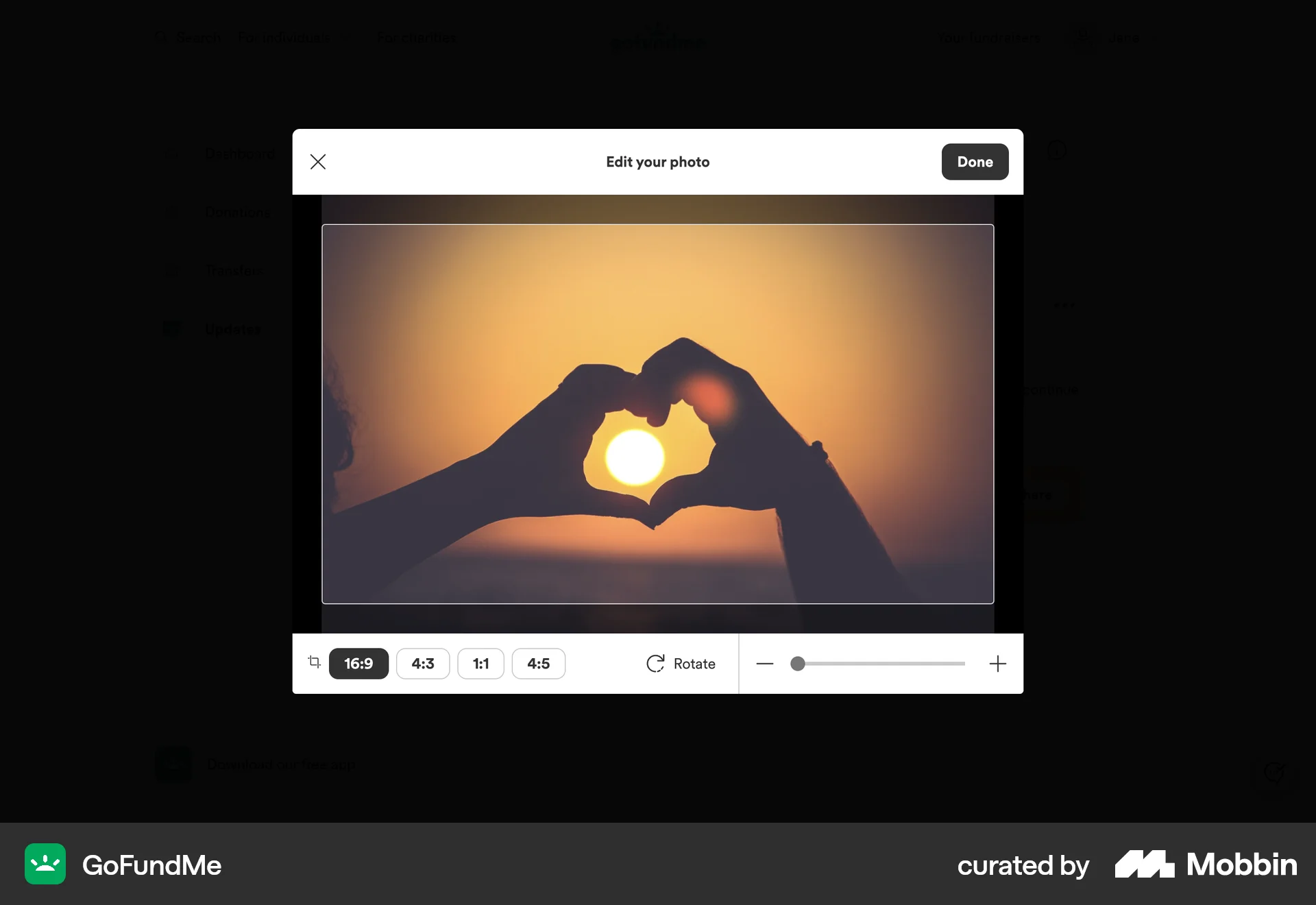 GoFundMe Web Media Editor screen