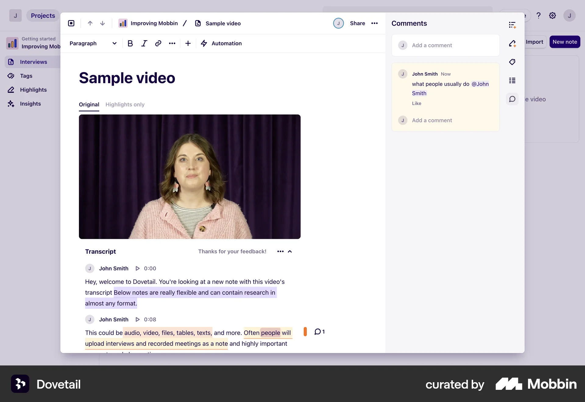 Dovetail Web Comments screen