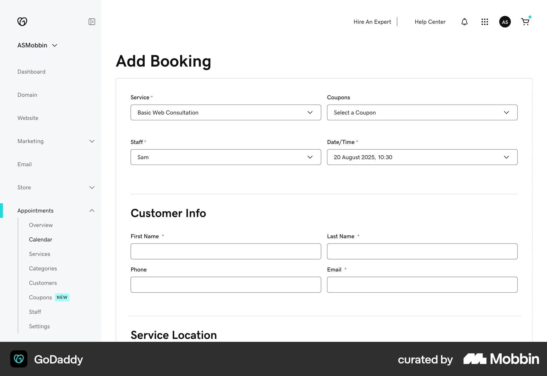 GoDaddy Web Web Form UI screen