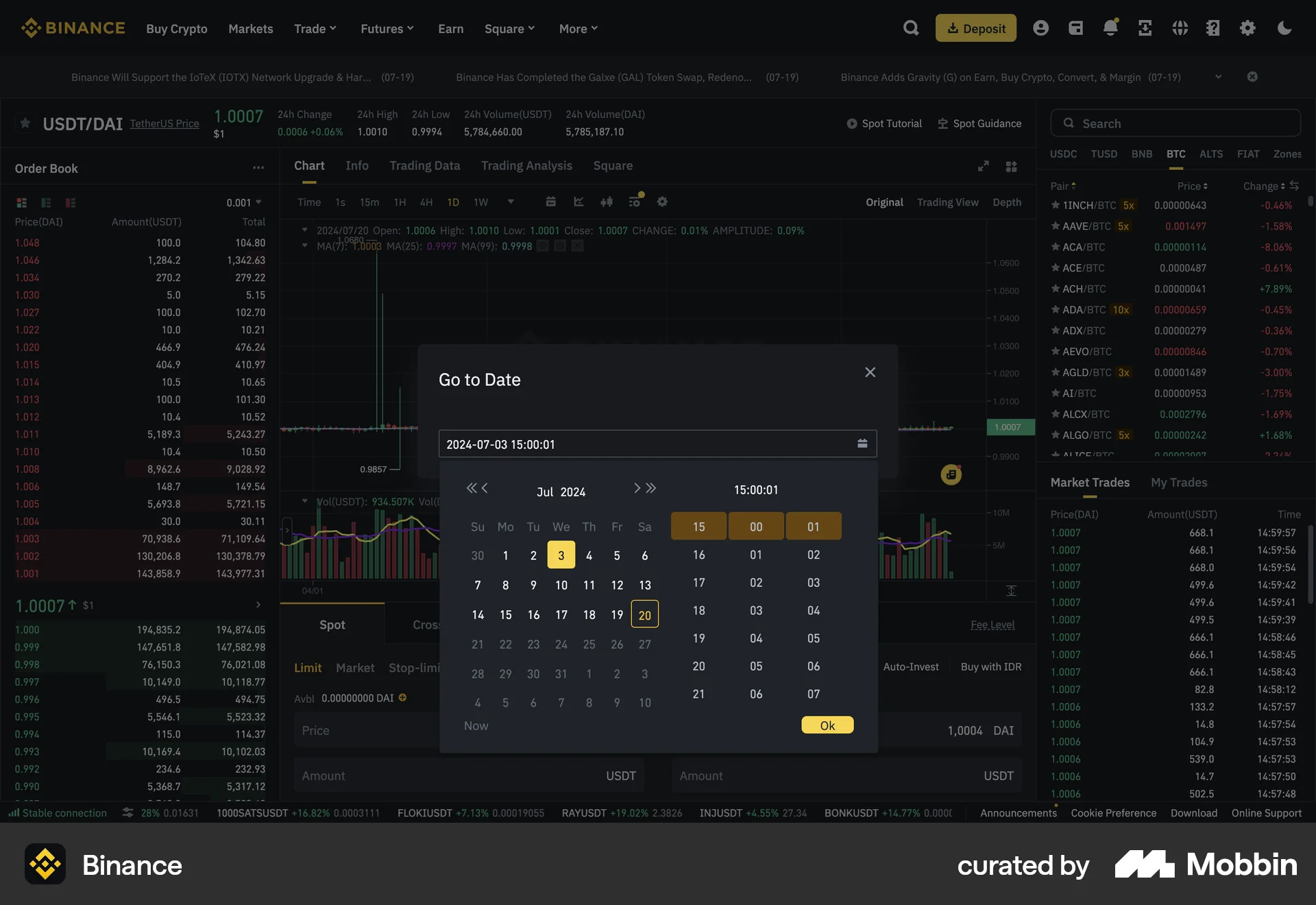 Binance Web screen containing Time Picker UI element