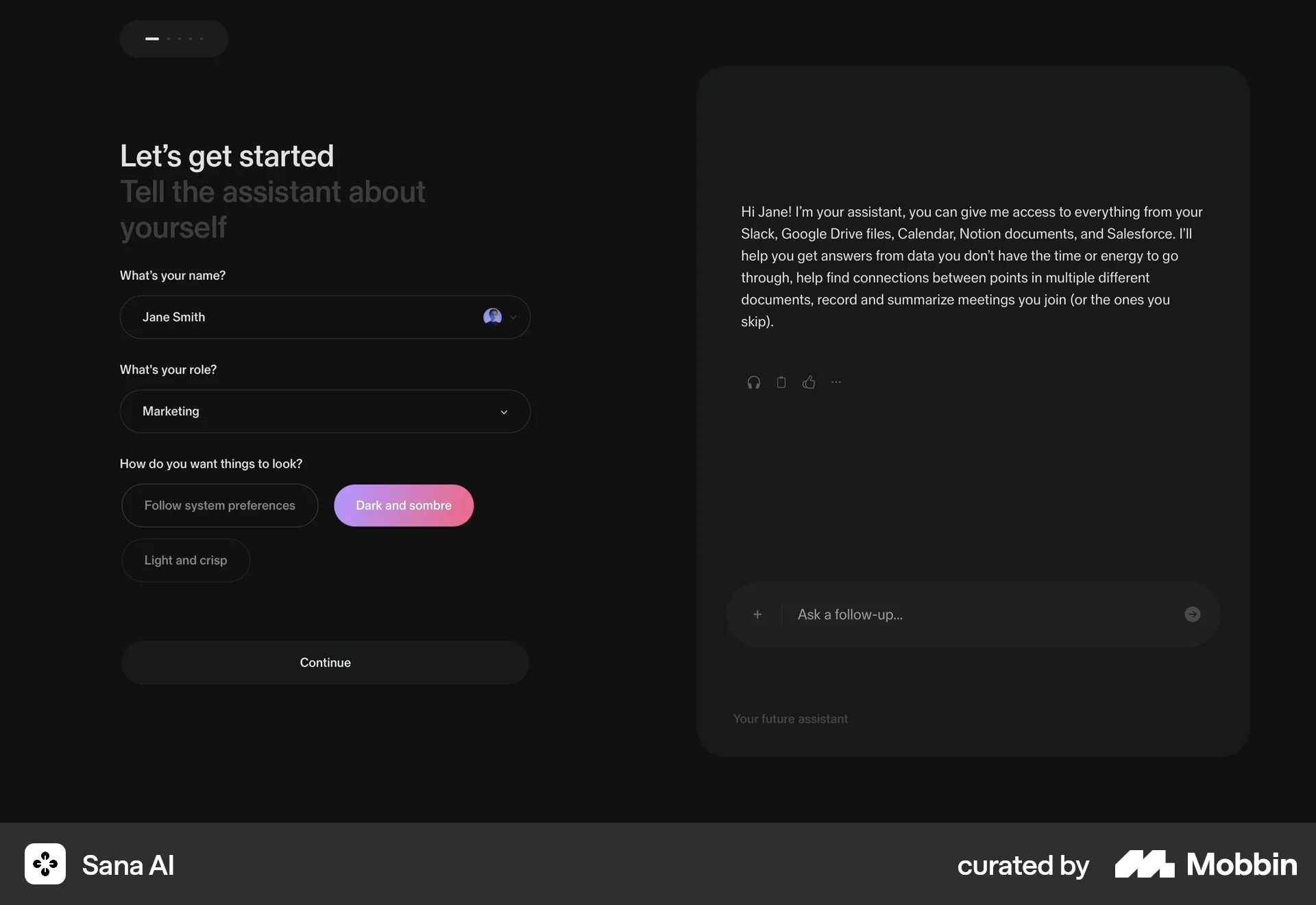 Sana AI Web Dark Mode screen