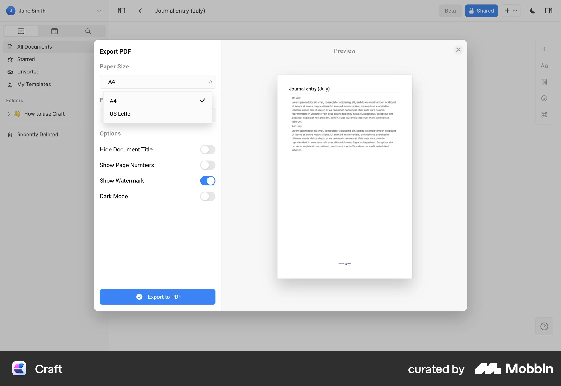 Craft Web Import & Export screen