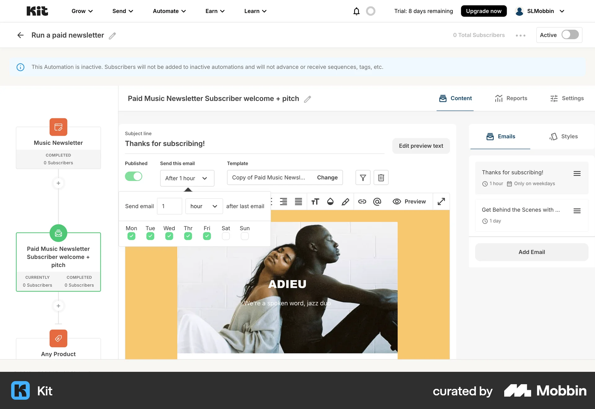 Kit Web Schedule screen