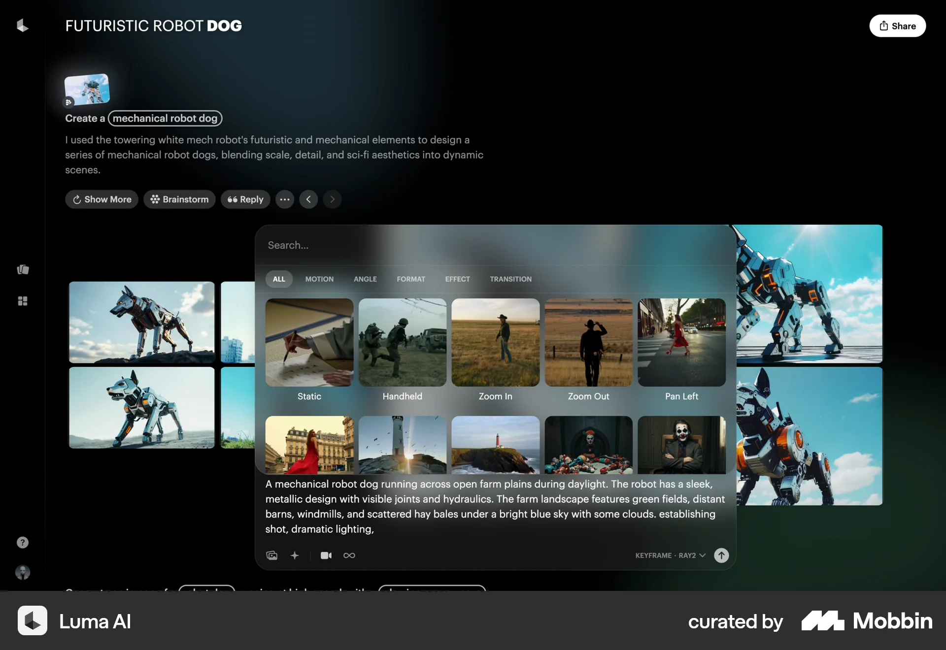 Luma AI Web screen containing Popover UI element
