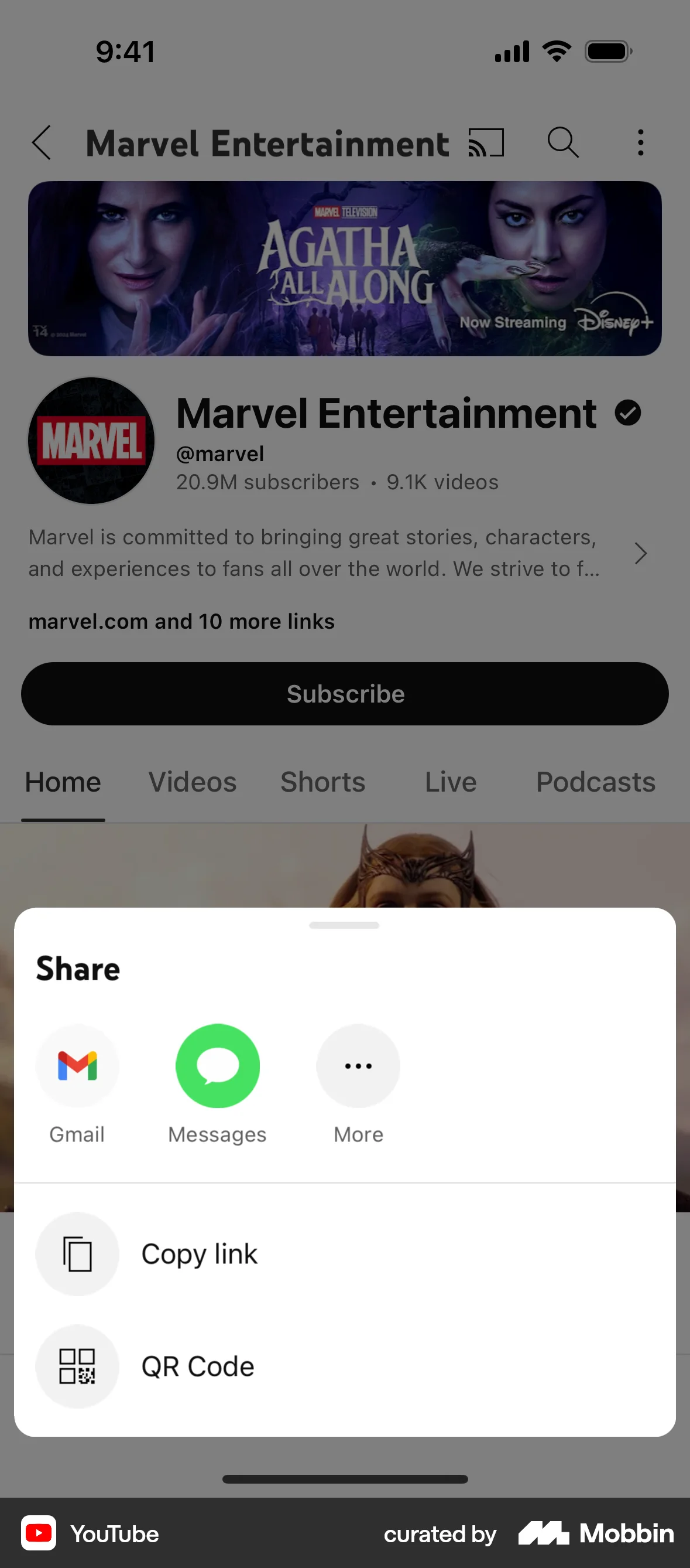 YouTube iOS screen containing Action Sheet UI element